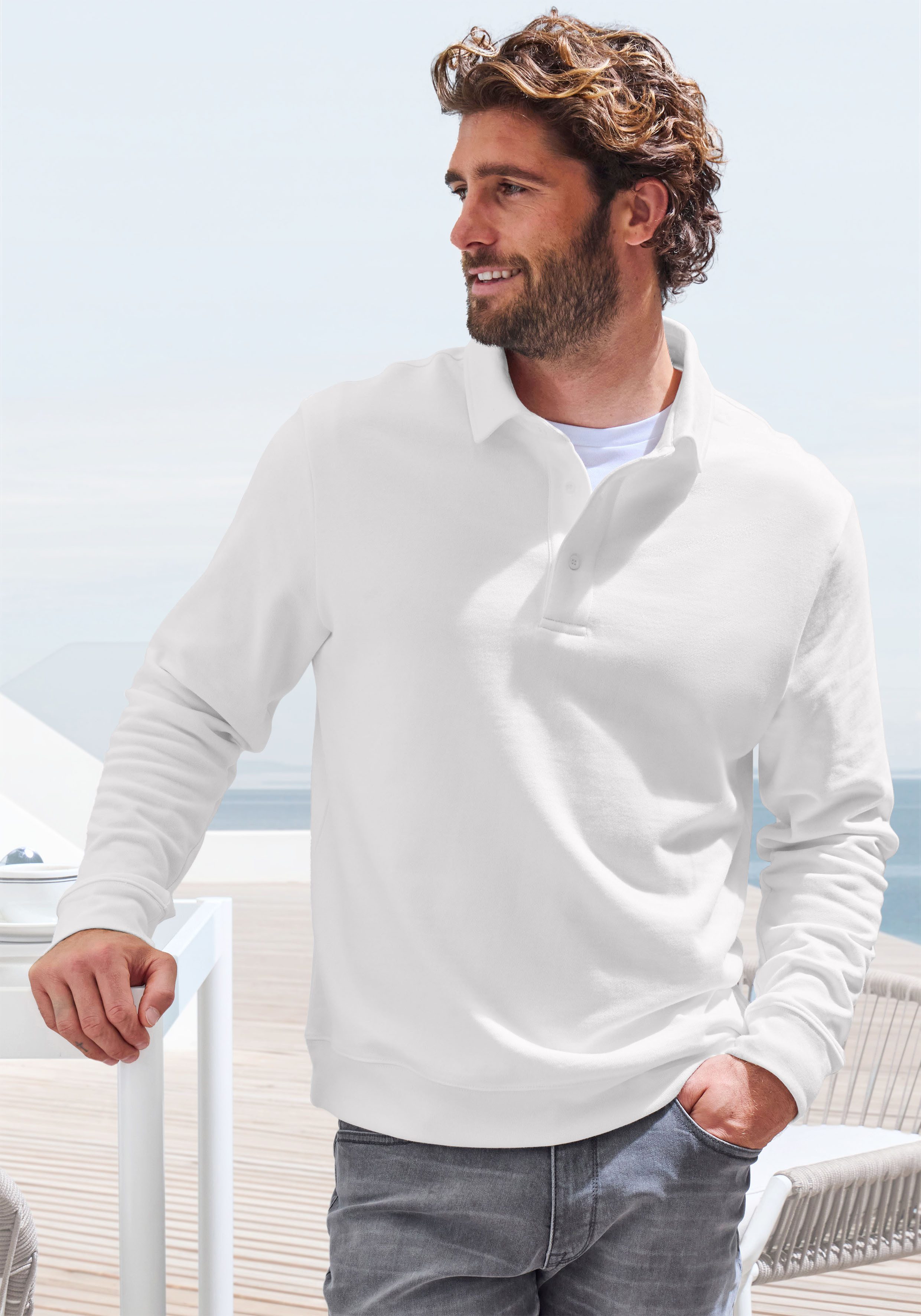 John Devin Sweatshirt Langarm, Pullover mit Polokragen, Baumwolle