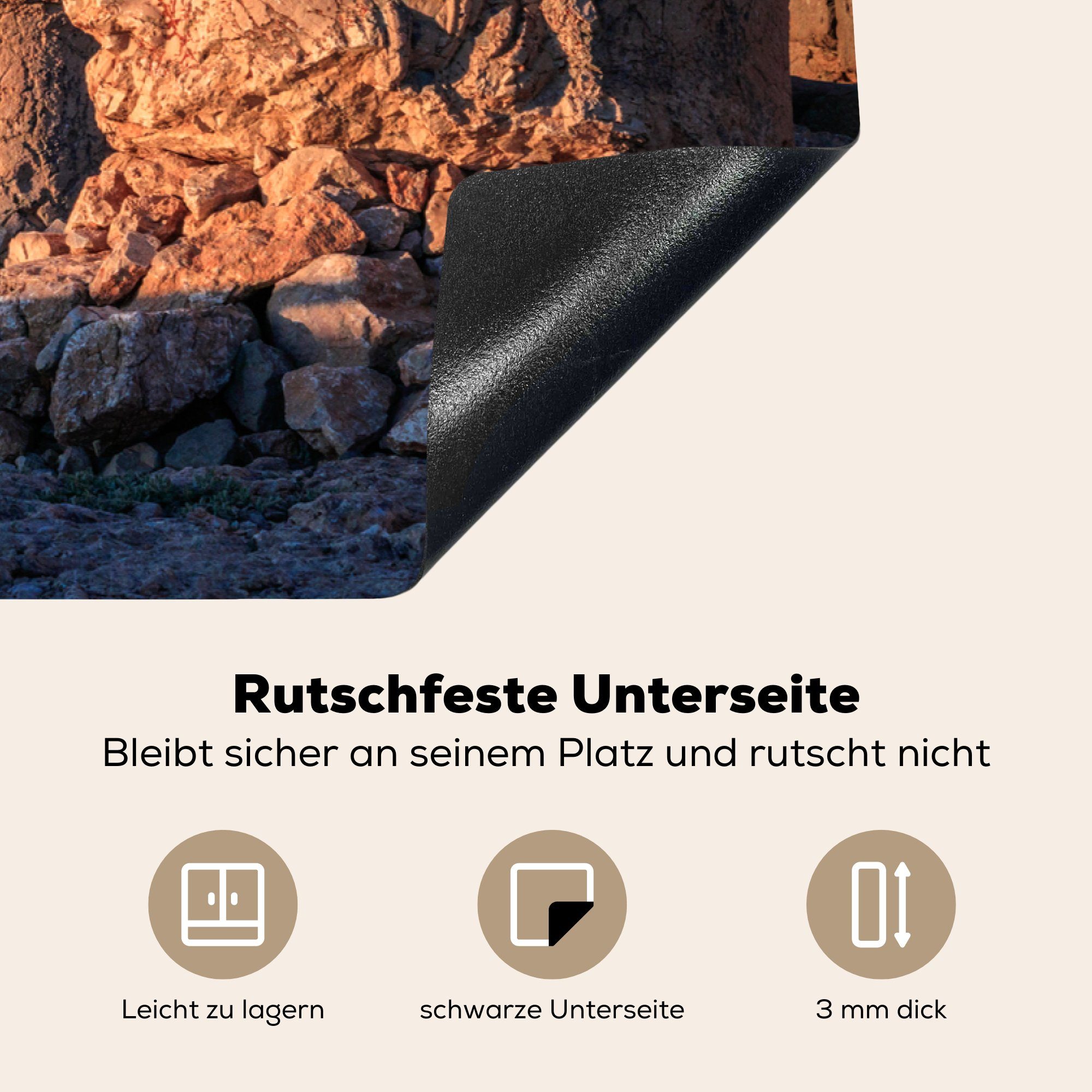 küche, Dağı tlg), cm, in die Statuen MuchoWow Türkei, von Vinyl, Nemrut den Herdblende-/Abdeckplatte der (1 81x52 Induktionskochfeld Ceranfeldabdeckung Sonnenlicht für auf Schutz