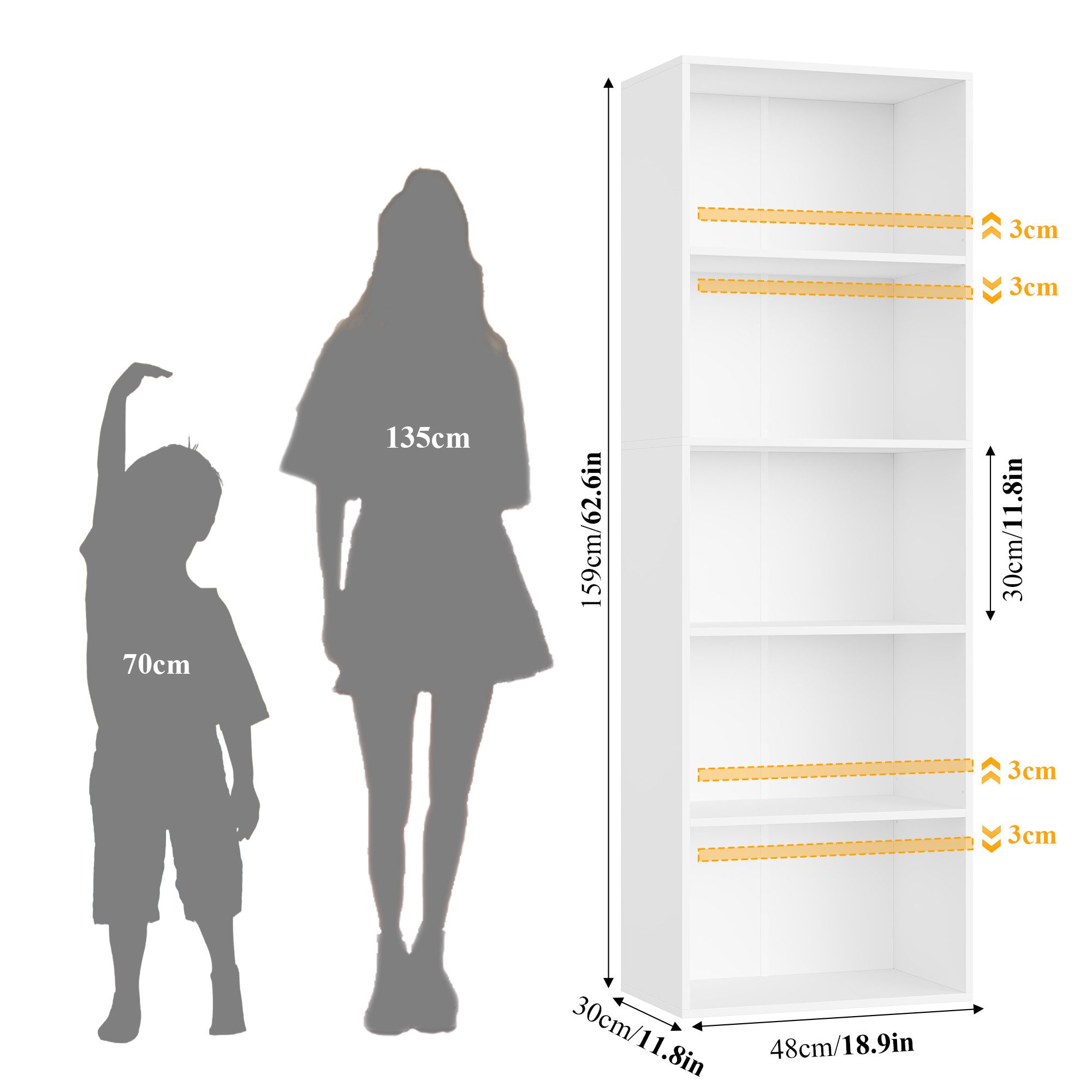 Homfa Bücherregal Regal mit 5 Fächern, 159cm Bücherschrank Standregal, verstellbare Ablagen