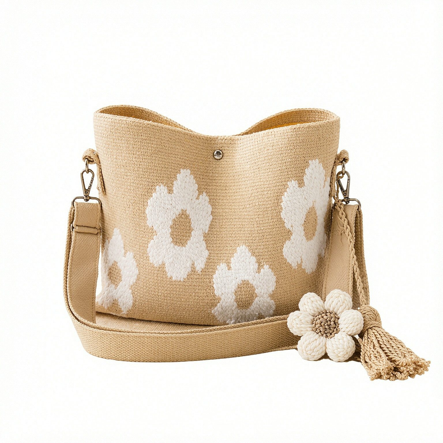 Oemmn Handtasche Damen Vintage-Blumentrassen-Eimer-Tasche mit verstellbarem Umhänge