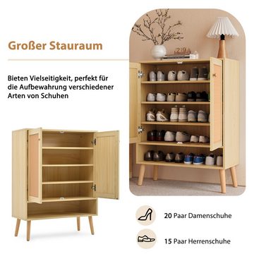 Tongtong Schuhschrank aus natürlichem Rattan 2 Türen und 5 Regalboden Flur Schuhschrank mit holz Griffe und Massivholzbeine