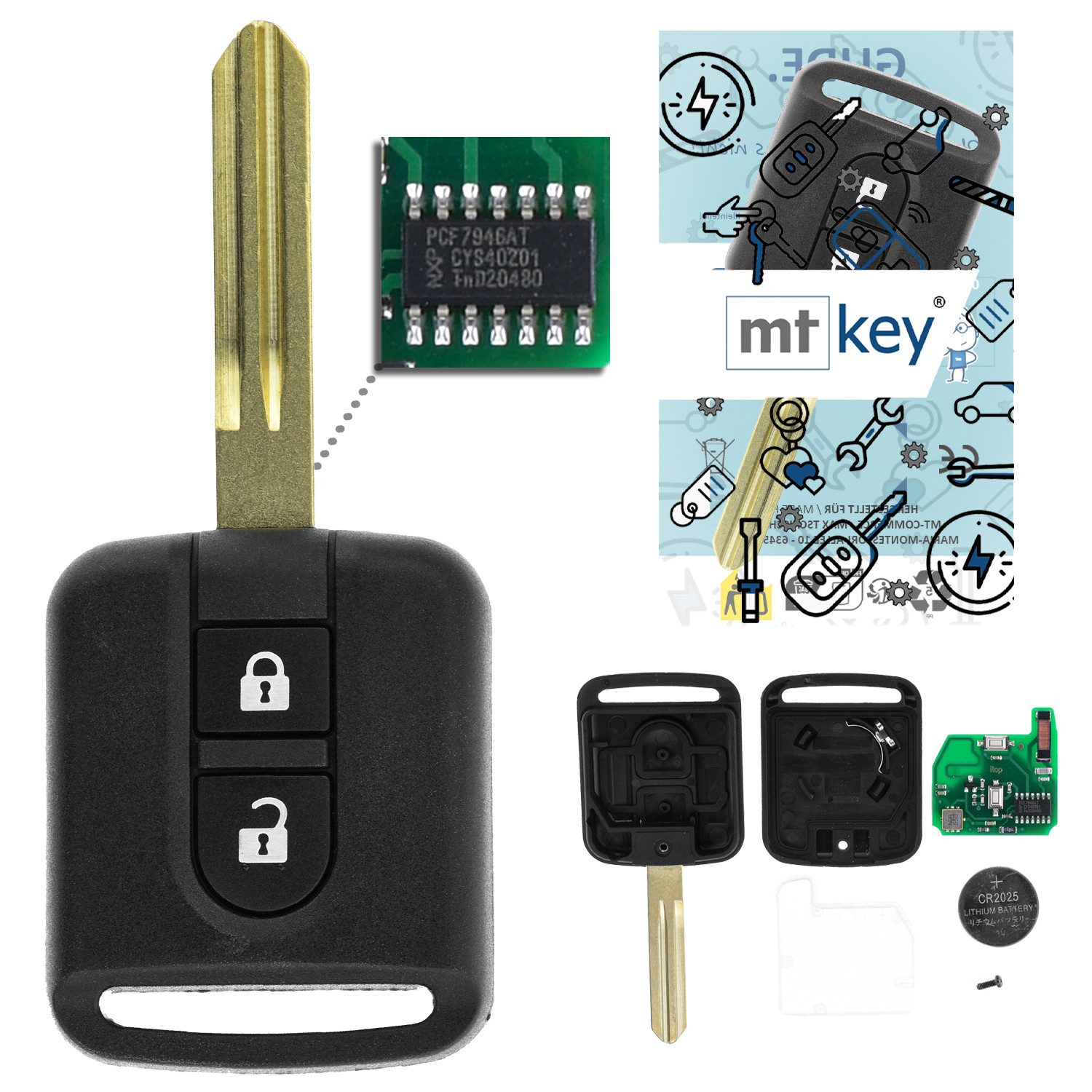 mt-key Schlüsseltasche 2 Tasten Auto Fernbedienung Funk Schlüssel ASK 434MHZ (Set), für Nissan Cabstar (F24M, 07–13); Micra (K12, 02–10); Navara (D40,...