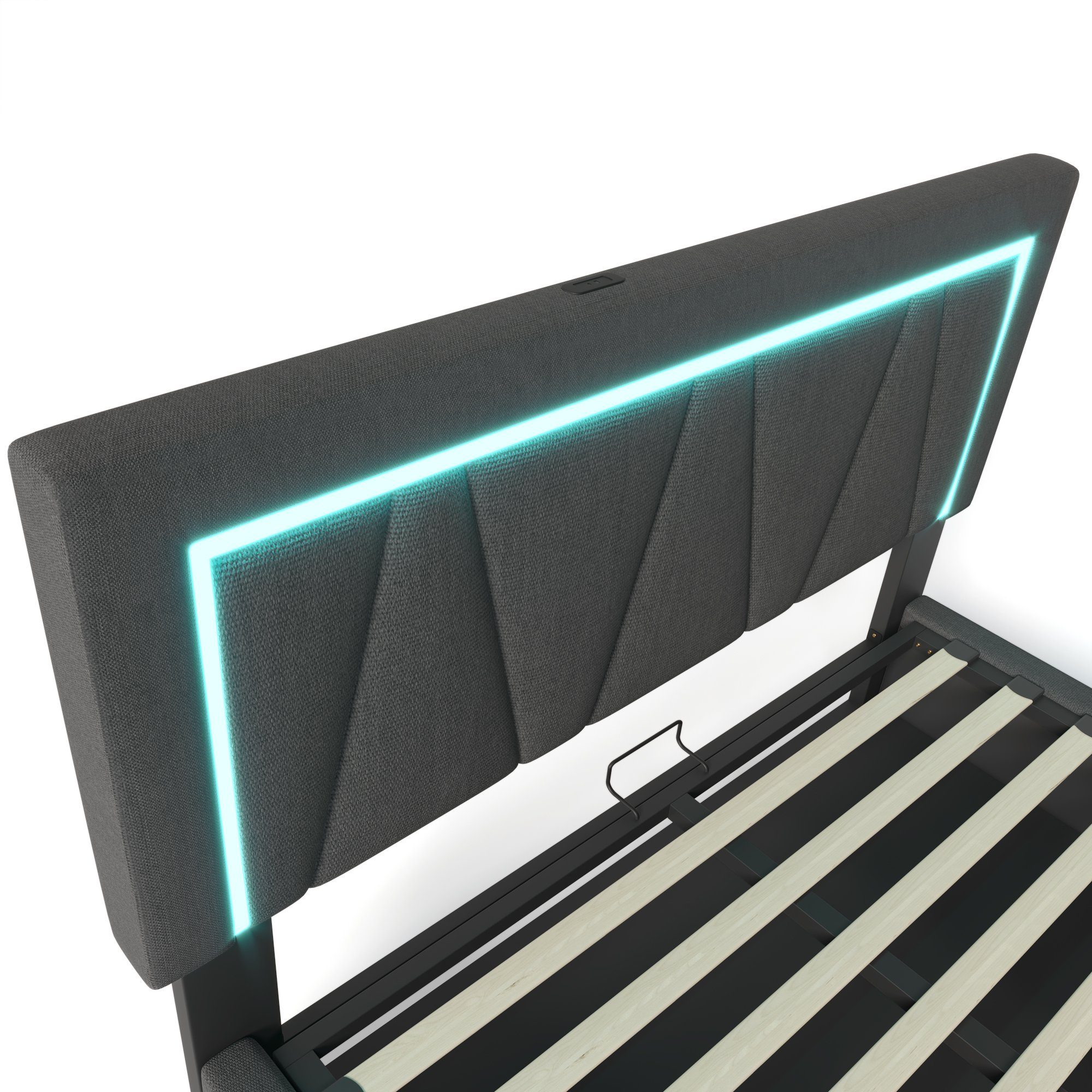 Polsterbett (Stauraumbett mit Lattenrost, 160x200cm), LED Doppelbett mit USB Typ C Ladefunktion, Leinen, Ohne Matratze