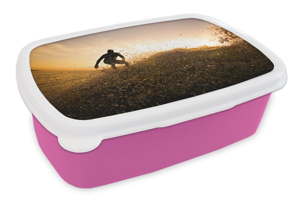 MuchoWow Lunchbox Surfer-Silhouette, Kunststoff, (2-tlg), Brotbox für Erwachsene, Brotdose Kinder, Snackbox, Mädchen, Kunststoff rosa