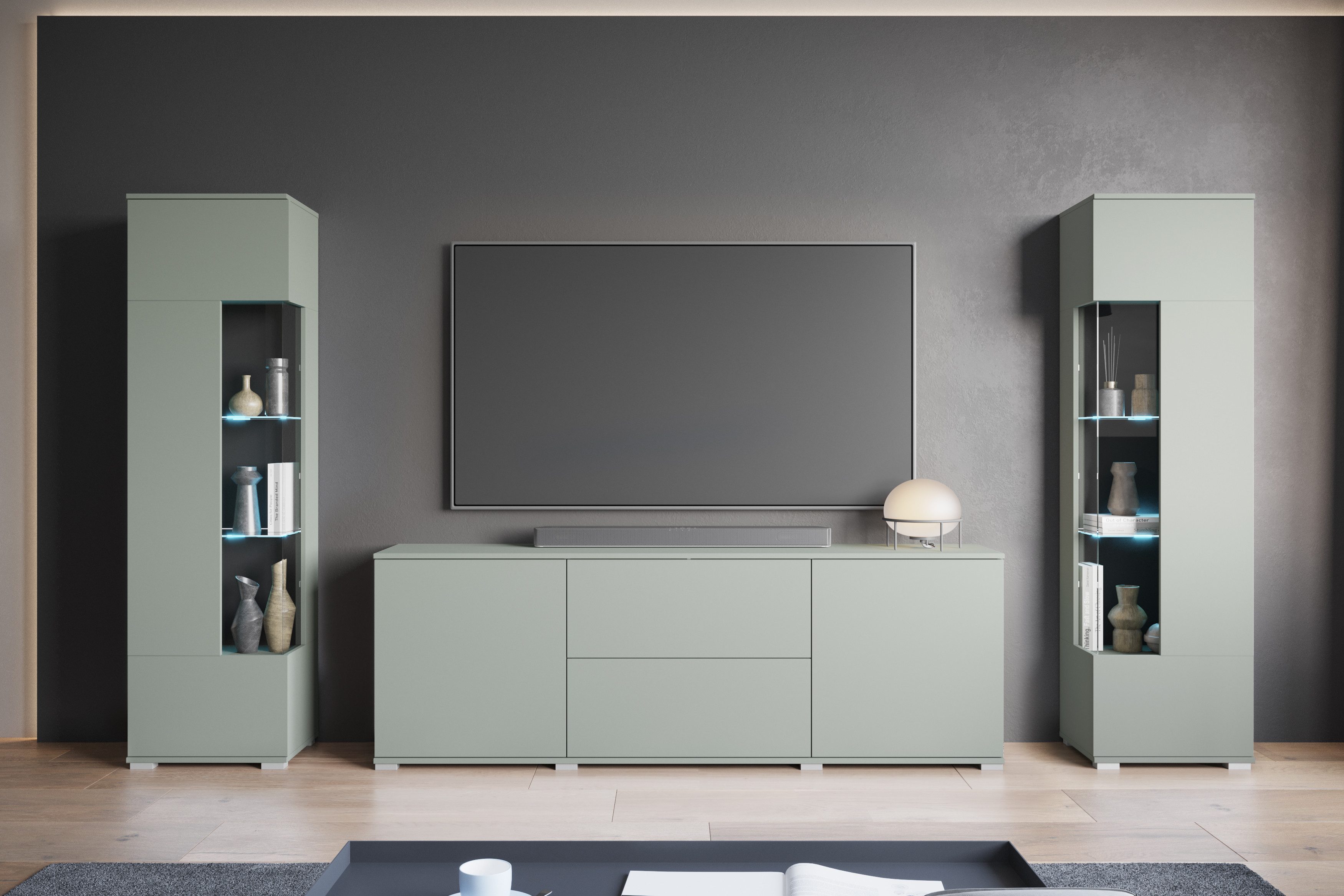 INOSIGN Wohnwand KENIA, (Komplett-Set, 3-St), Vitrinen mit Eckverglasung, hängend und stehend montierbar