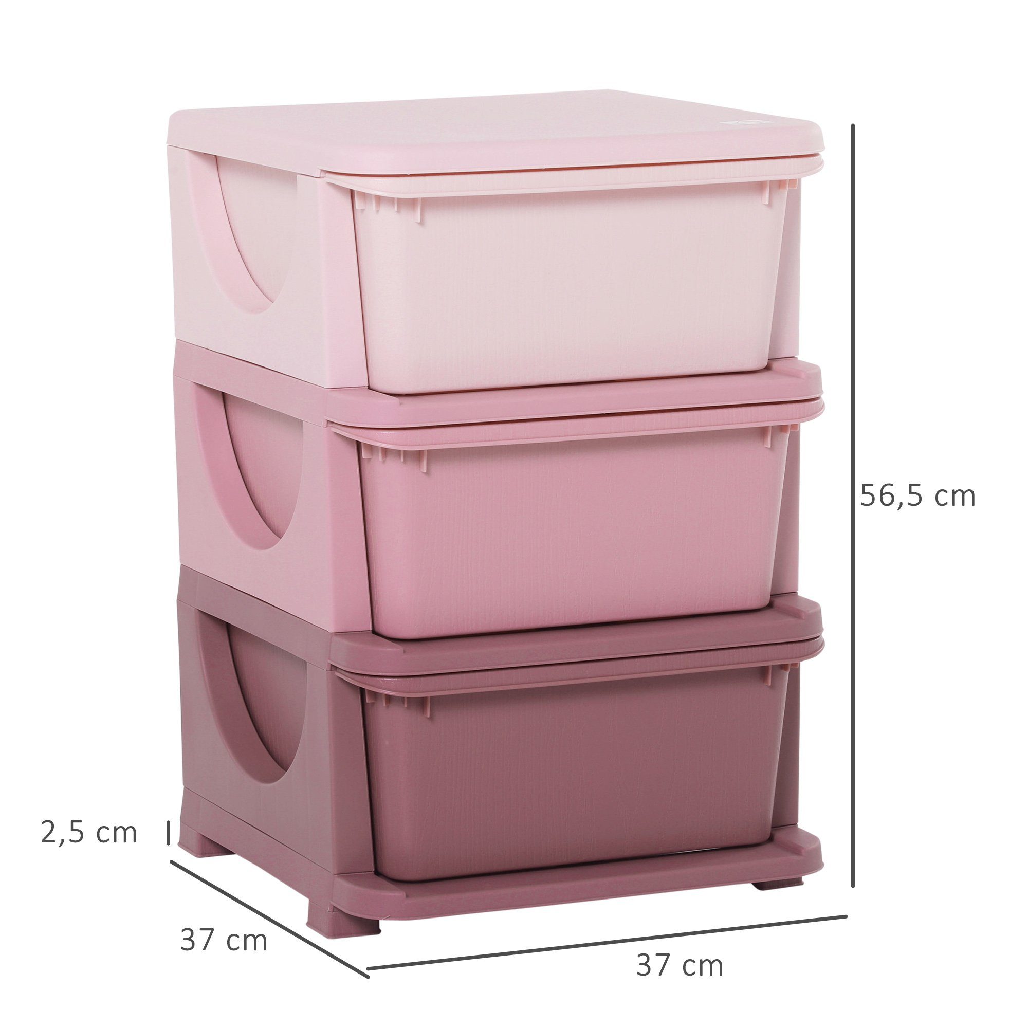 HOMCOM Spielzeugtruhe Schubladenschrank mit Stauraum, Spielzeugkiste, drei Ebenen (Spielzeug-Organizer, 1 St., Aufbewahrungsboxen), für Kinderzimmer 3-6 Jahre Kindermöbel Rosa 37 x 37 x 56,5 cm