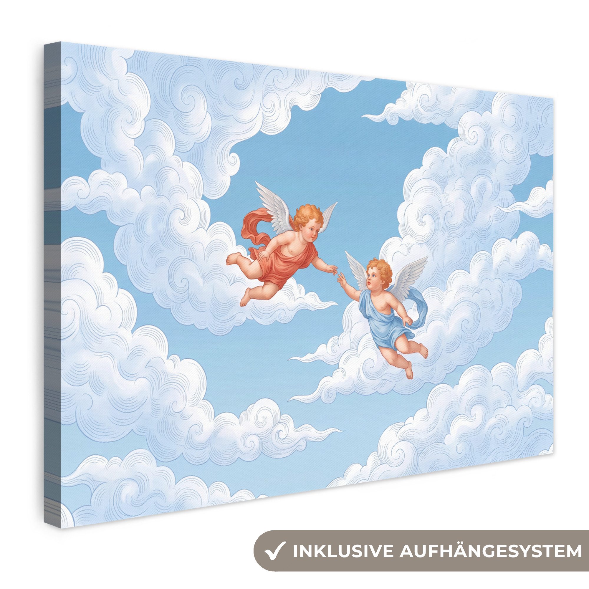 OneMillionCanvasses® Leinwandbild Engel – fliegend – klassisch – blau, Fotodruck (1 St), Leinwand Bilder Klein, Wand Dekoration Aesthetic 30x20 cm