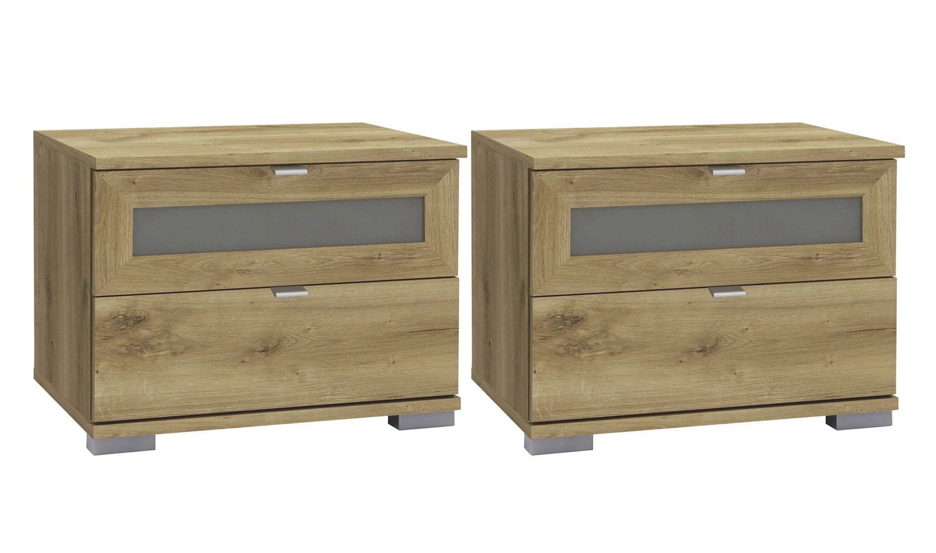 Wimex Nachtschrank Box Plus (mit 2 Schubladen, 2-St., moderne Optik, Zugengriffe aus Metall) je 52cm Plankeneiche Grauglas