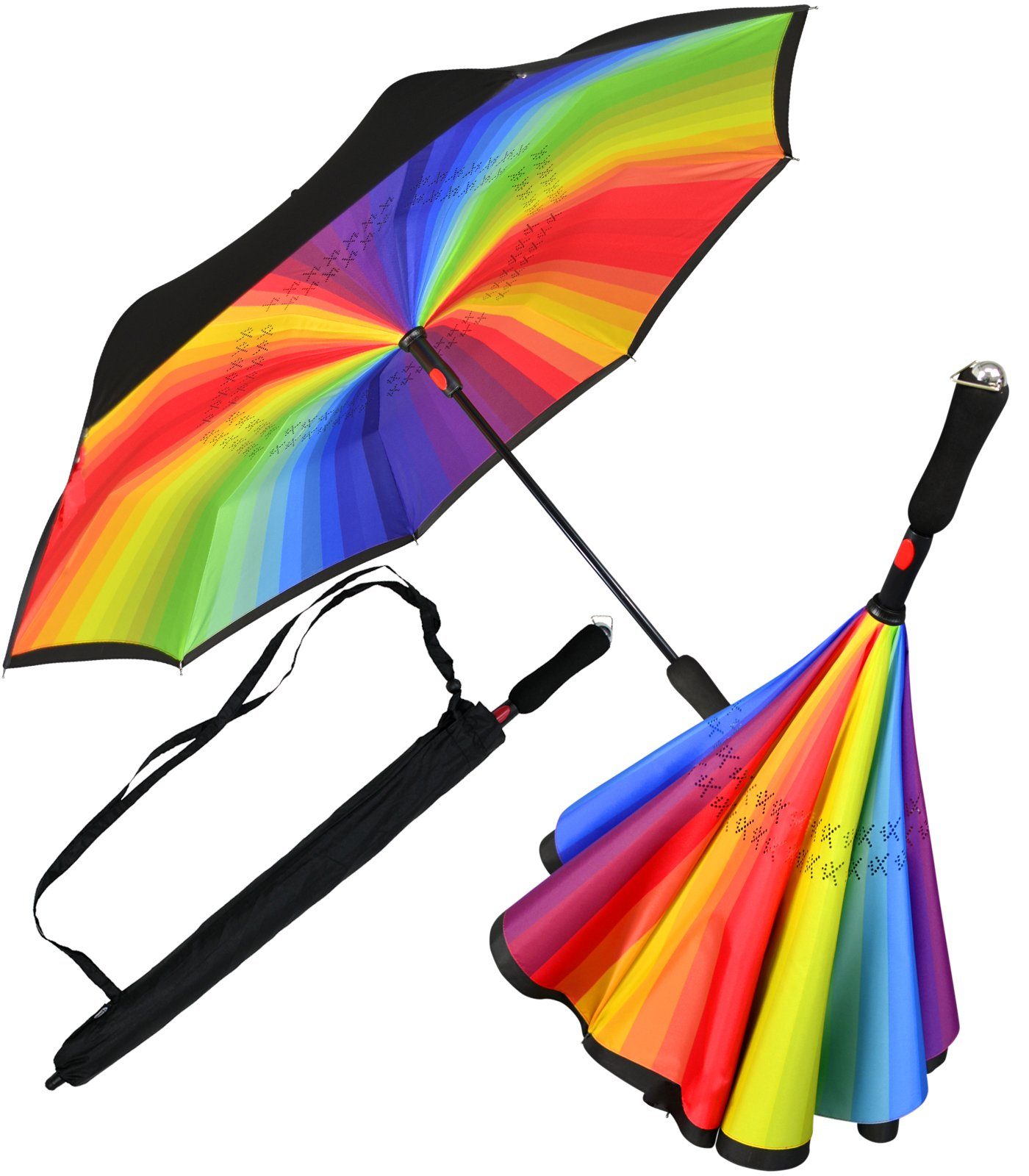 perfekt dem ein- Auto Reverse-Schirm iX-brella Langregenschirm auszusteigen mit - Automatik, öffnen zu oder aus schwarz-bunt um umgedreht