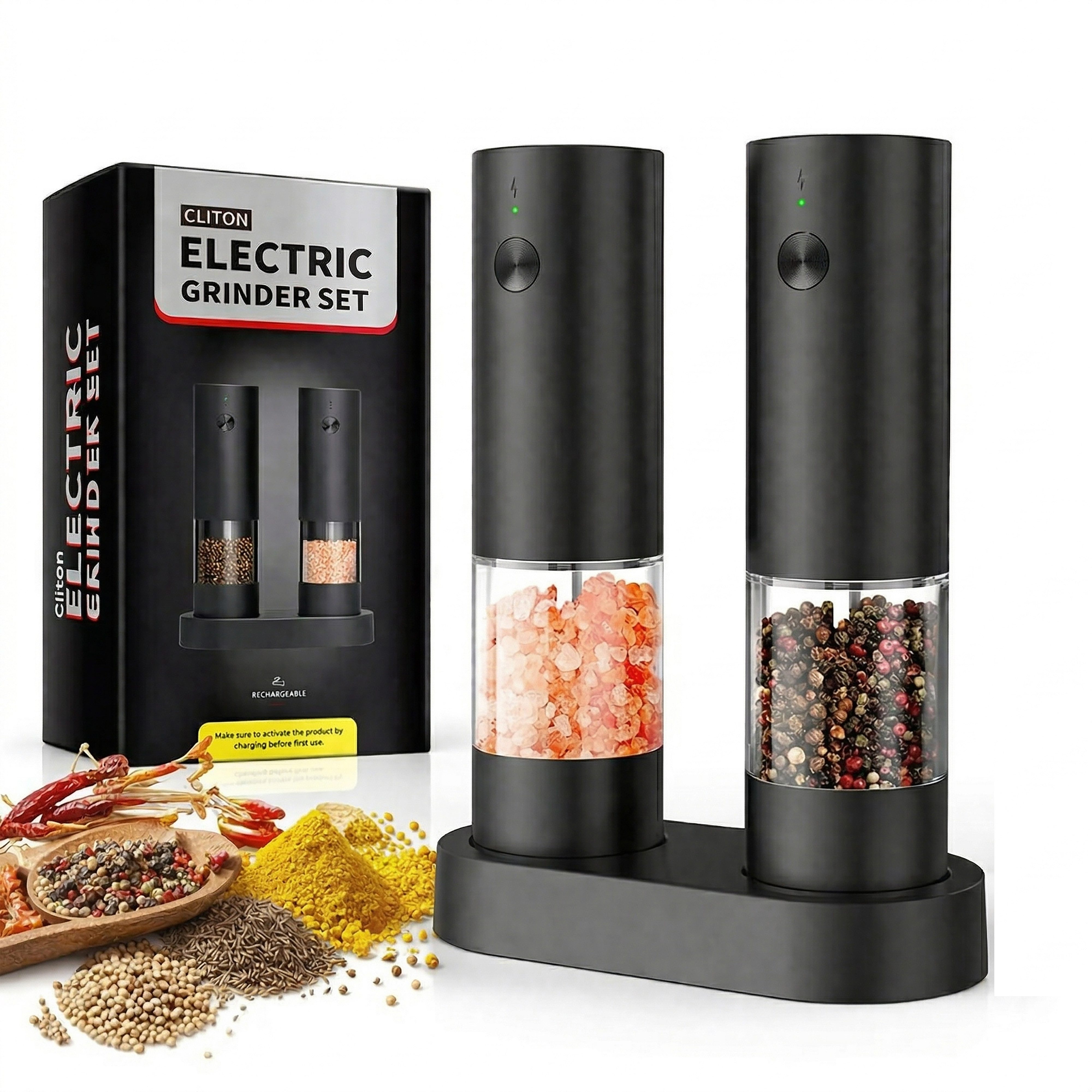 Forrlite Pfeffermühle Elektrische - und Pfeffermühle im 2er-Set, USB wiederaufladbar mit kabelloser Ladestation, Automatische, Einhandbedienung, Mahlgrad Einstellbar
