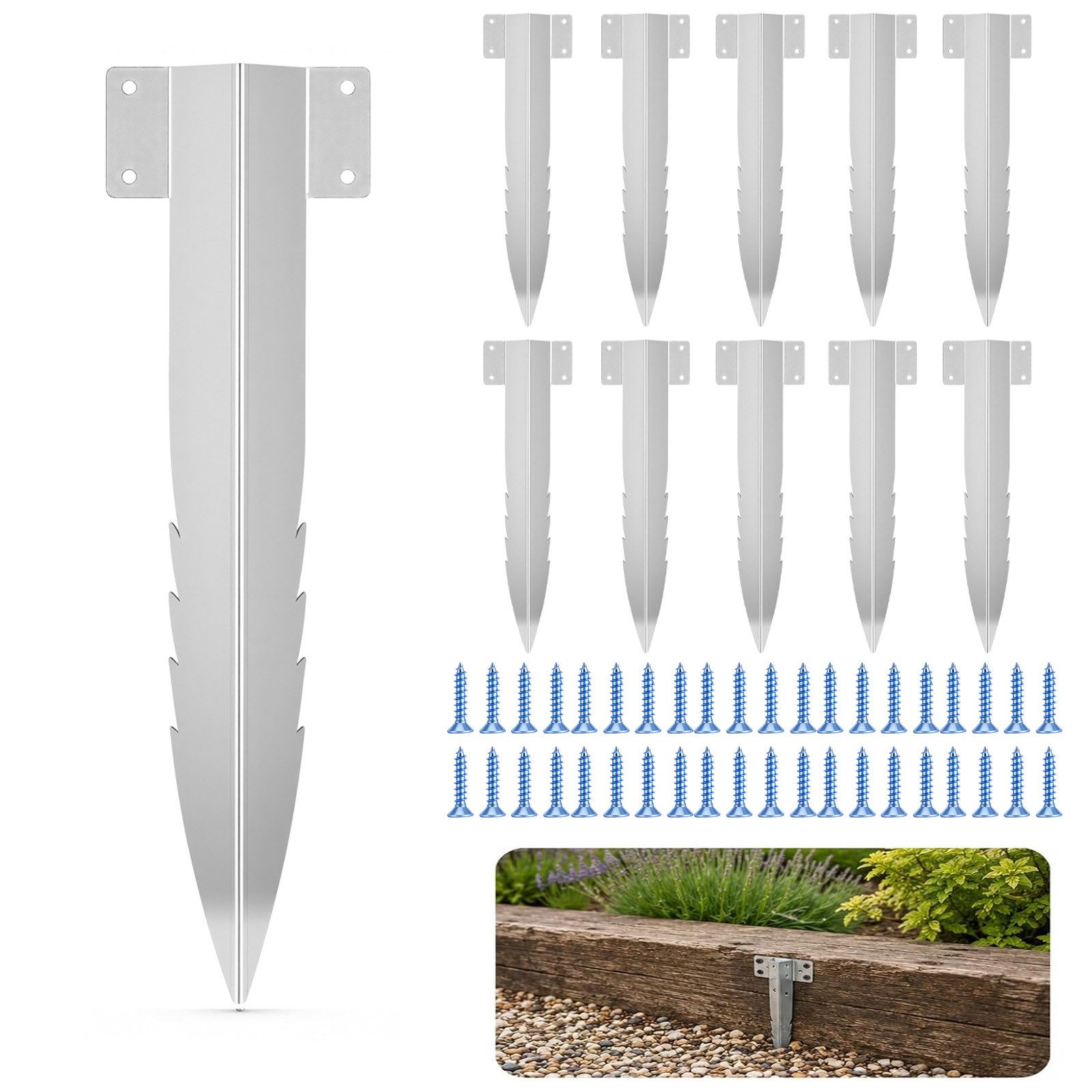 BlingBin Bodenanker 10 Stück Gezackte Schwellen-Halterungen mit Schrauben, Hochbeetpfähle, zum Einschlagen, (10er Set, 10-St., Produktmaße: 44 × 12 cm), Gartenschwellenhalterungen Befestigungen für Landschaft, Auffahrt, Weg