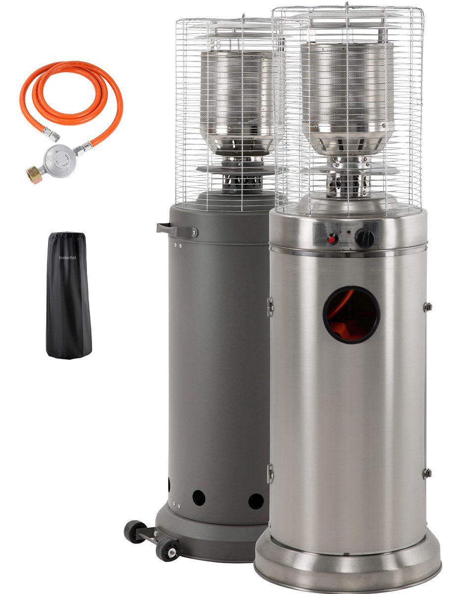 Heidenfeld Heizstrahler Terrasse Heizpilz Gas GH200/300 - Wärmestrahler - 2 Stufen - 5/10 kW, 10000 W, Edelstahl - Überhitzungsschutz - inkl. Schlauch und Druckminderer