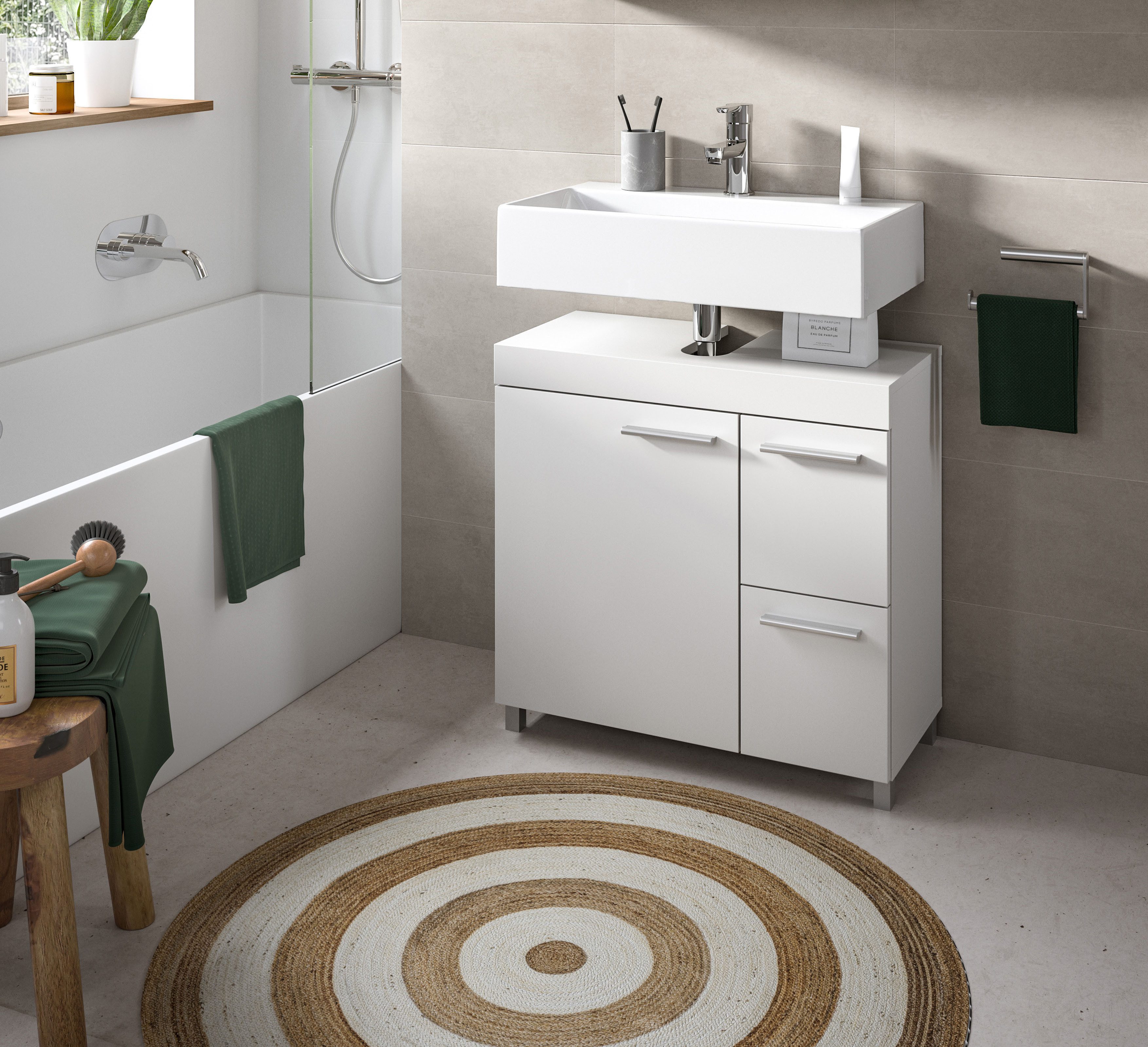 welltime Waschbeckenunterschrank HANO, Badezimmer, WBU, Waschtisch, Kommode, Unterschrank (in 2 verschiedenen Farben und 2 verschiedenen Ausstattungen erhältlich) 1 Tür, 2 E-Böden, 2 Fächer, 2 Schubkästen, mit Siphonausschnitt