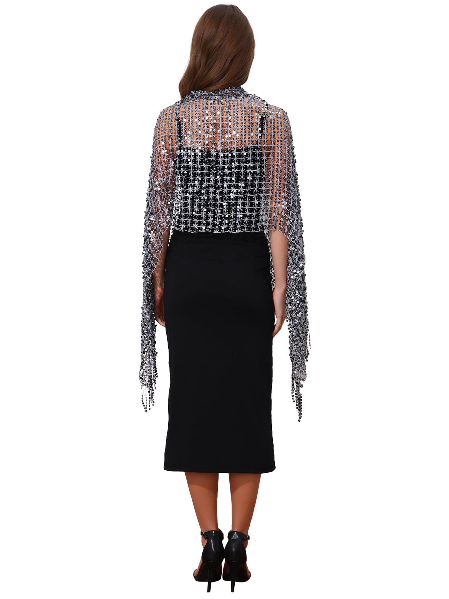 Zaewry Modeschal Damen Pailletten-Modeschal, Fransen- und Lochmuster-Schal, glänzender modeschal, ideal für Partys, Bälle und Hochzeiten.
