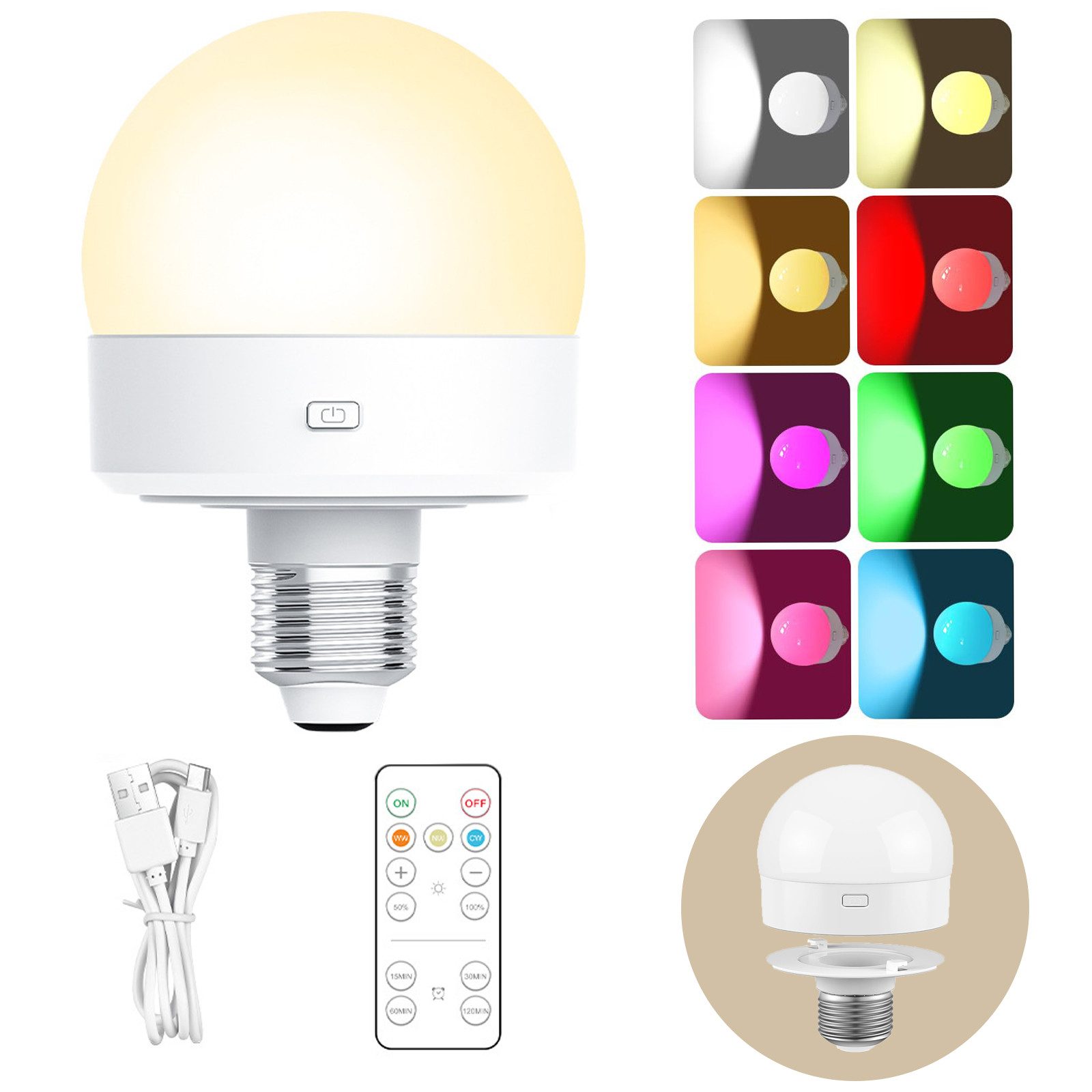 Jibenhome LED Nachtlicht USB Dimmbar LED Glühbirne, Schranklicht E27 Akku Aufladbar Batterie, RGB, Wiederaufladbare mit Fernbedienung & Timing