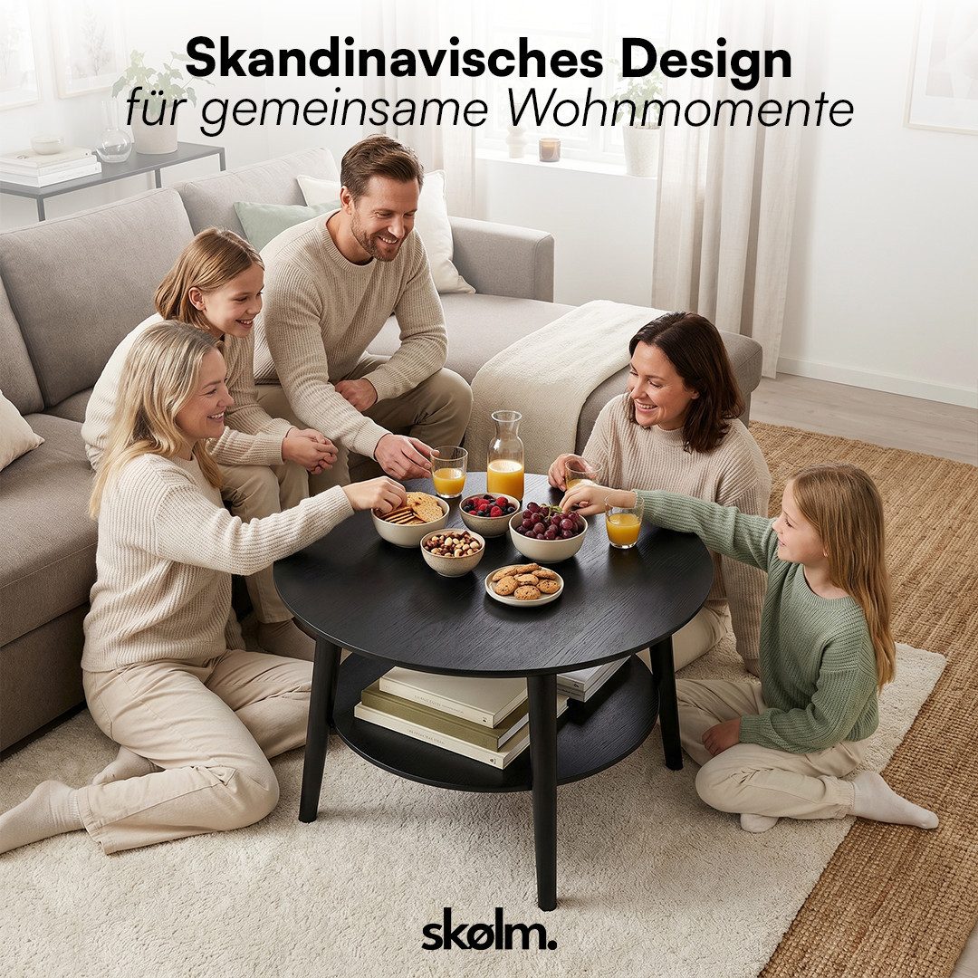 skølm Couchtisch Mjölnir aus Eiche Massivholz (Schwarz lackiert), Wohnzimmertisch Ø70 cm mit 2 Ablagen, auch in oval erhältlich – Bild 5 von 5