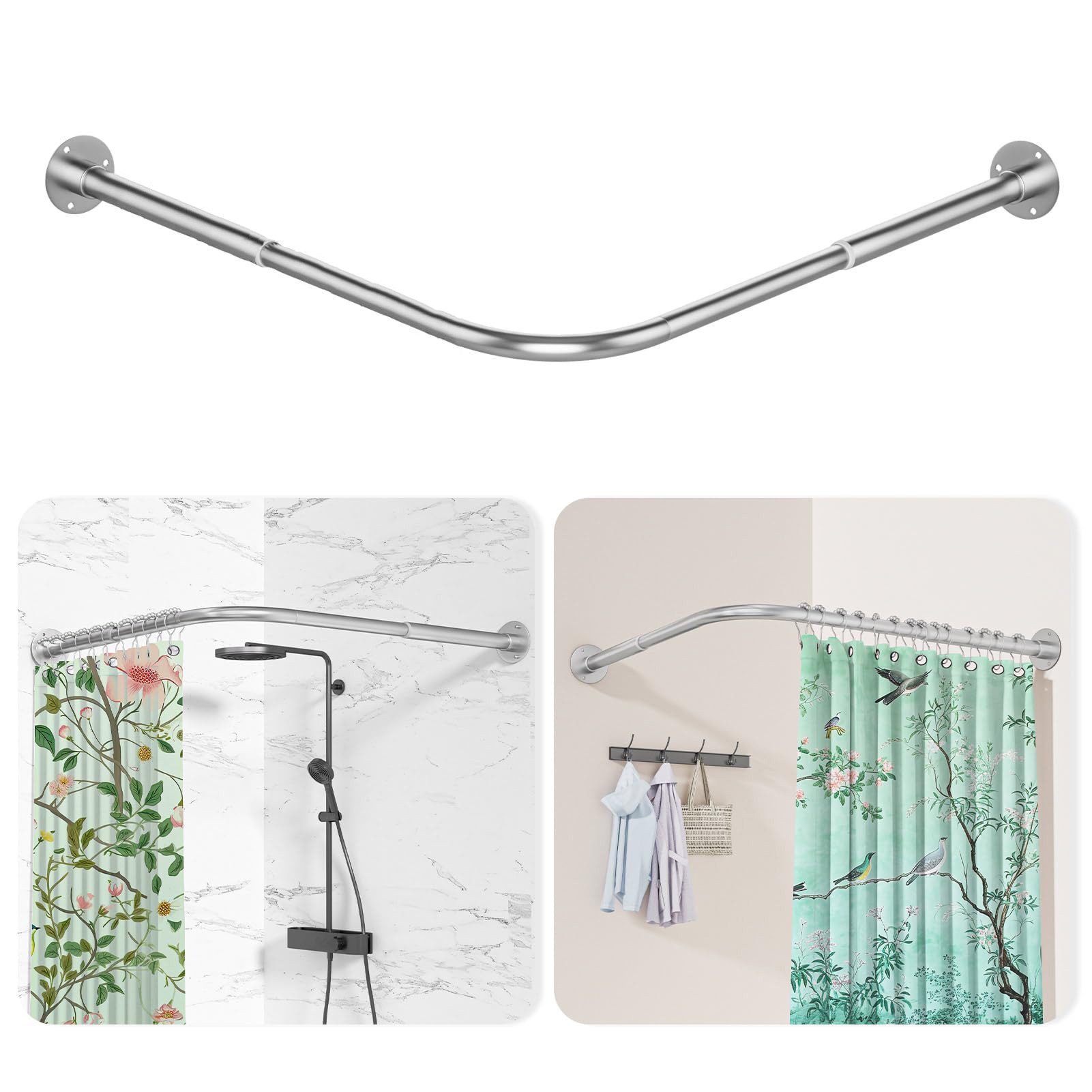 Venkuber Duschvorhangstange Edelstahl Duschvorhangstange L-Form, verstellbar, mit Bohrmontage, für Badewanne/Badezimmer, Duschtrennwand Halterung