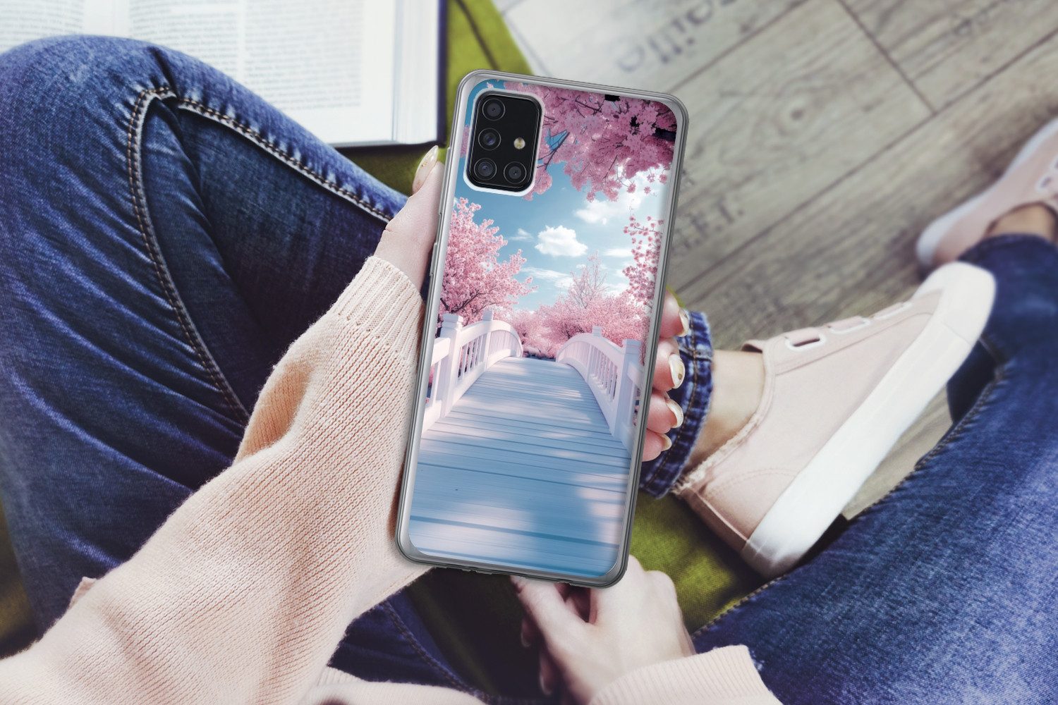 MuchoWow Handyhülle für Samsung Galaxy A52 5G Brücke - Kirschbäume - Weiß, Smartphone-Bumper, Print, Handy Schutzhülle Dünn