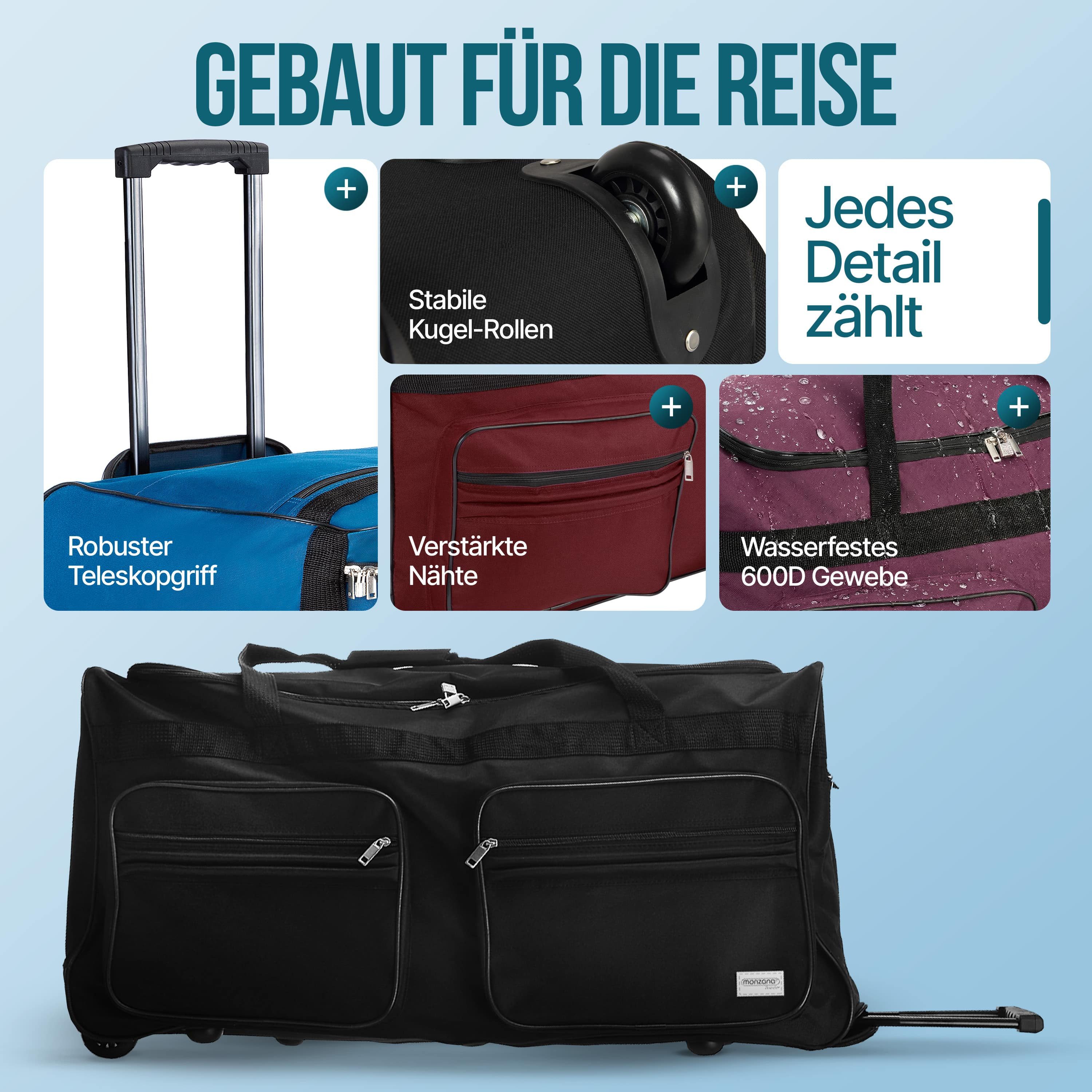 monzana Reisetasche Leonardo, mit Rollen 160L Trolley Teleskopgriff Schwarz Groß XXL Gepäcktasche