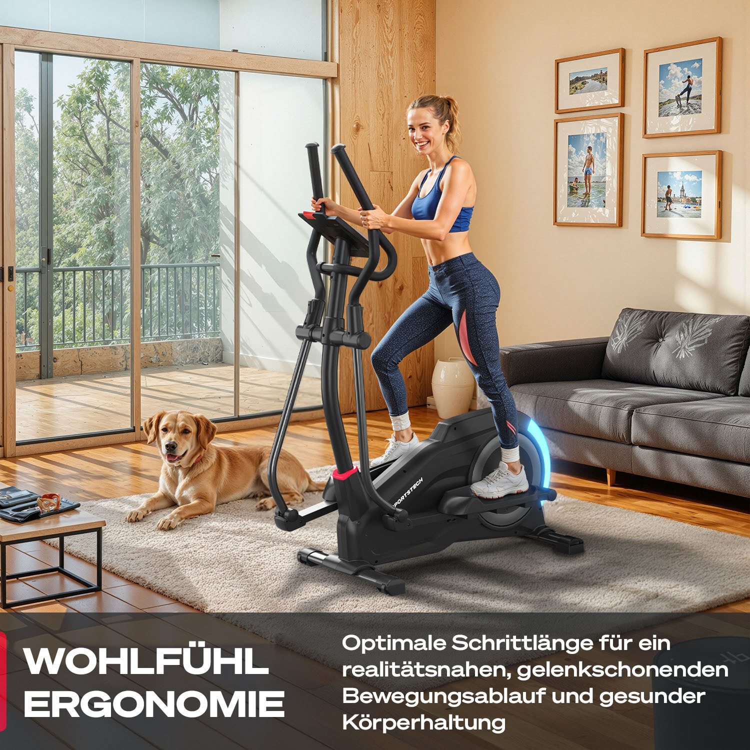 Sportstech Crosstrainer CX700, Transportrollen, integrierte Handpulssensoren, Tablethalterung