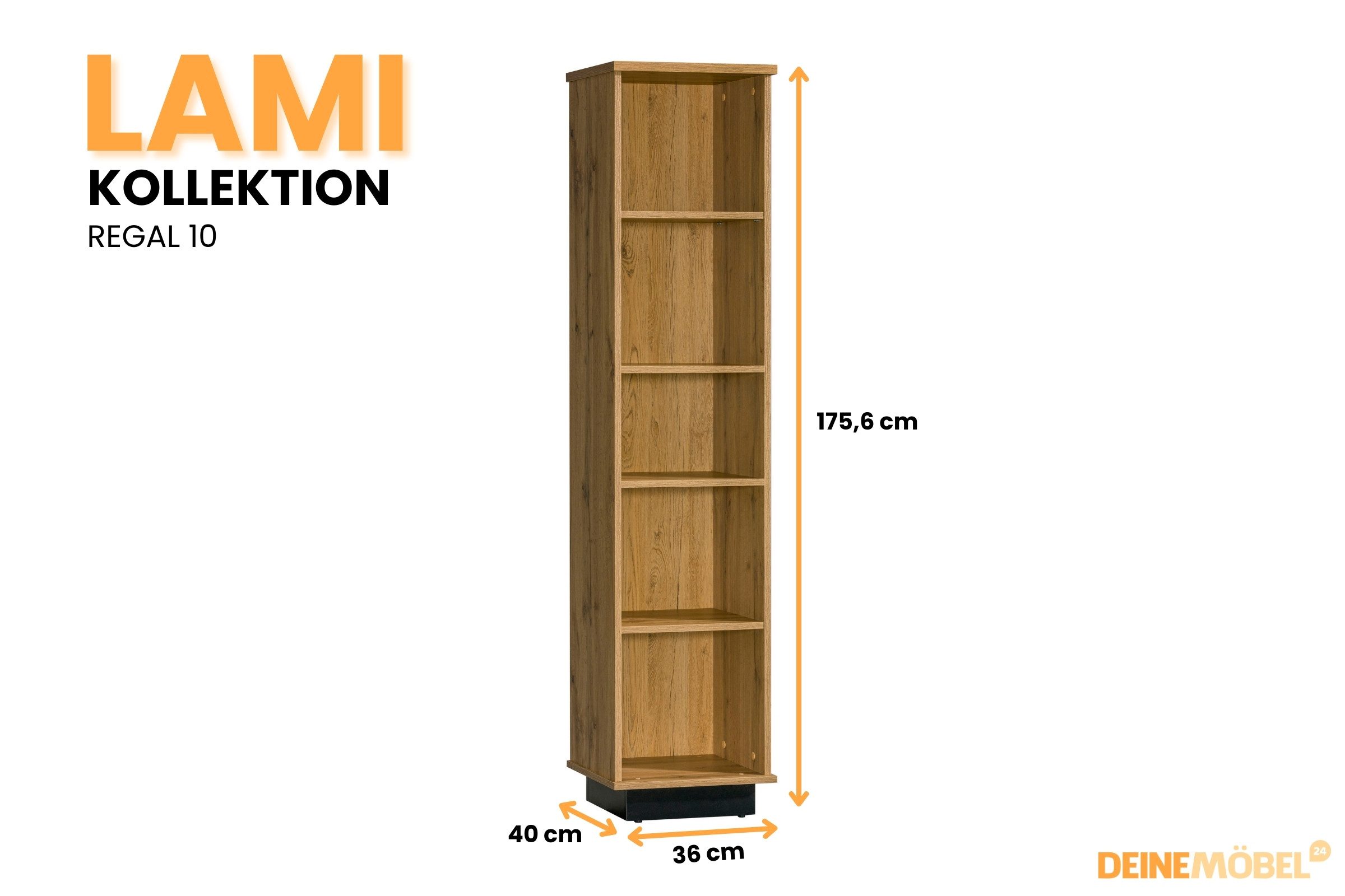 Deine Möbel 24 Bücherregal LAMI 10 Regal 175 cm mit 4 Einlegeböden in Wotan Eiche & Schwarz Matt, LAMI - Kollektion 1-tlg., modernes Bücherregal mit 5 Fächern