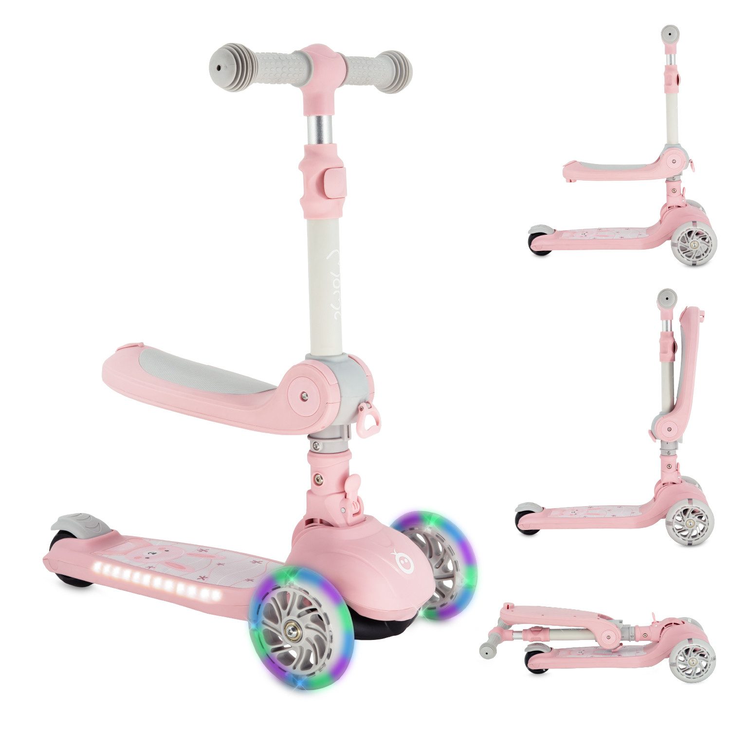 MoMi Dreiradscooter Debe, 2-in-1 Kinderroller mit Sitz, LED-Rädern und Klappfunktion