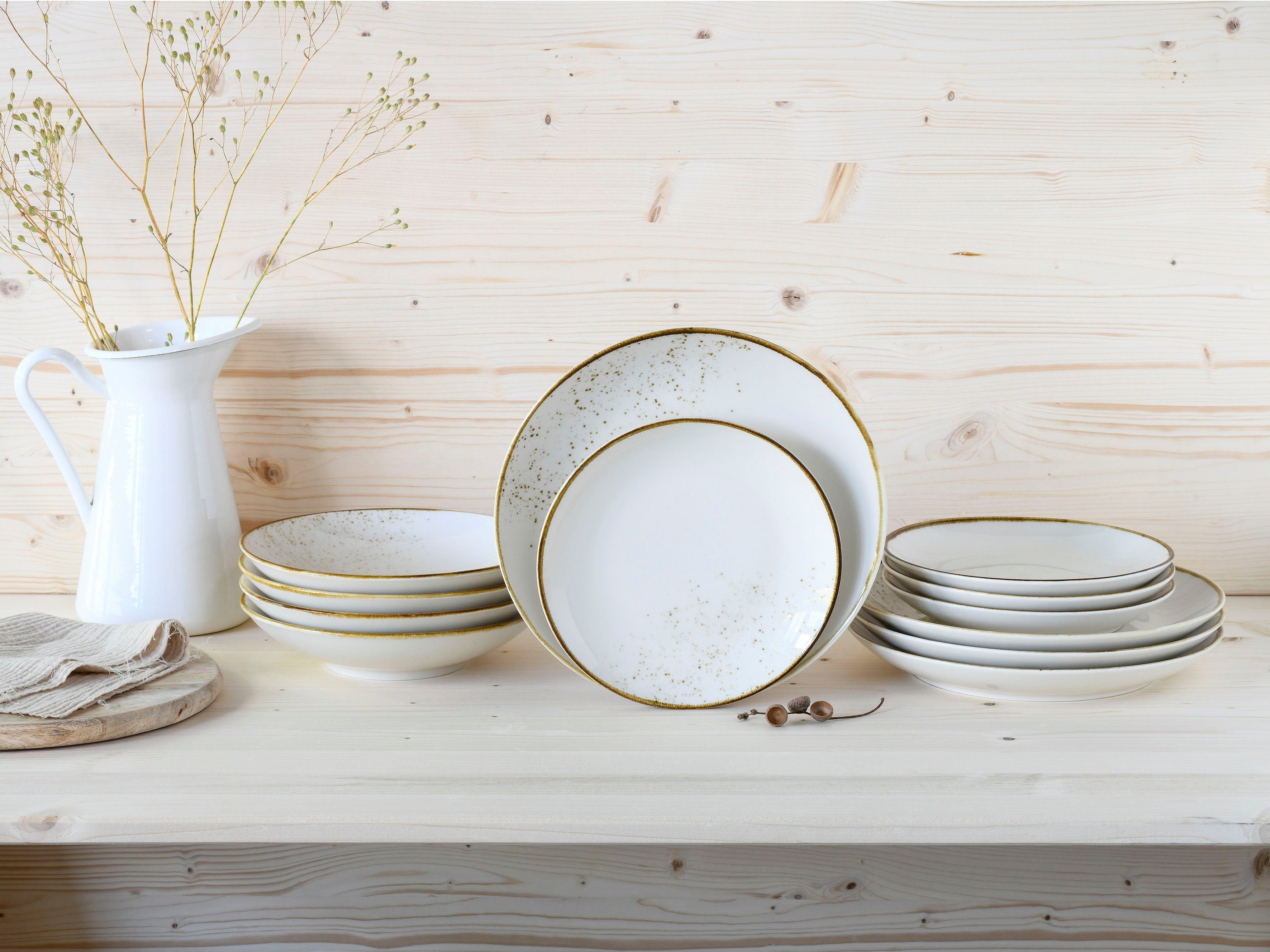CreaTable Teller-Set Nature Collection Natural Living (12-tlg), 4 Personen, Steinzeug, Teller Set, Reaktivglasur mit Sprenkeln, jedes Stück ein Unikat