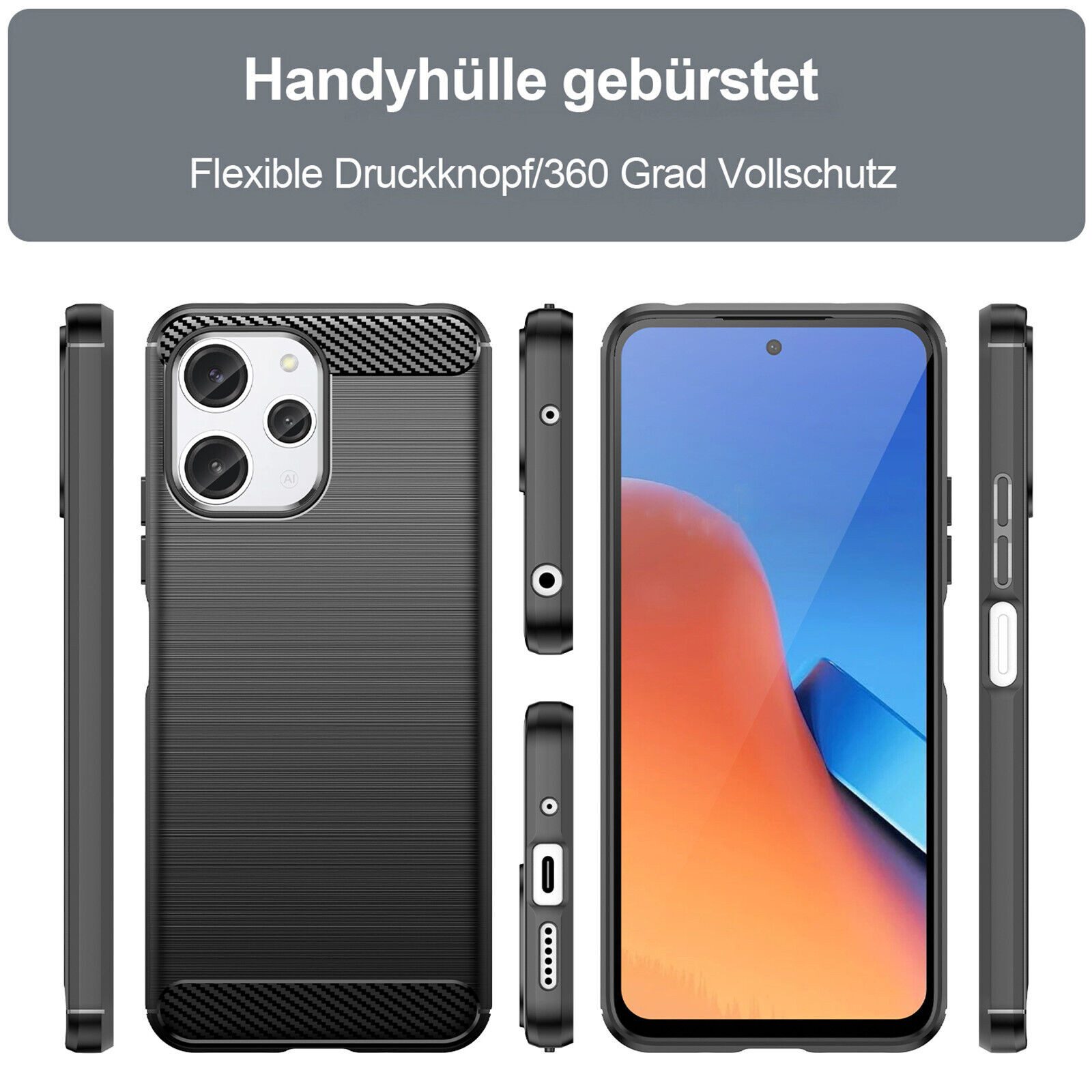 betterfon Handyhülle Carbon Hülle für Xiaomi Redmi 12 Backcover TPU Silikon Bumper Schwarz, Carbon-Look – stoßfestes Case mit Air-Cushion & Metall-Optik