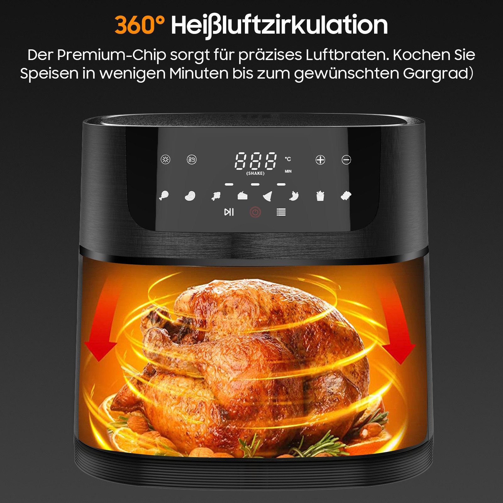 AIMAX Heißluftfritteuse AF‑ZE8007 XXL Airfryer 9L, 8 Prog., Sichtfenster, 200°C, 1800 W, Touch-Bedienung, spülmaschinenfest, Rezept – Bild 5 von 5