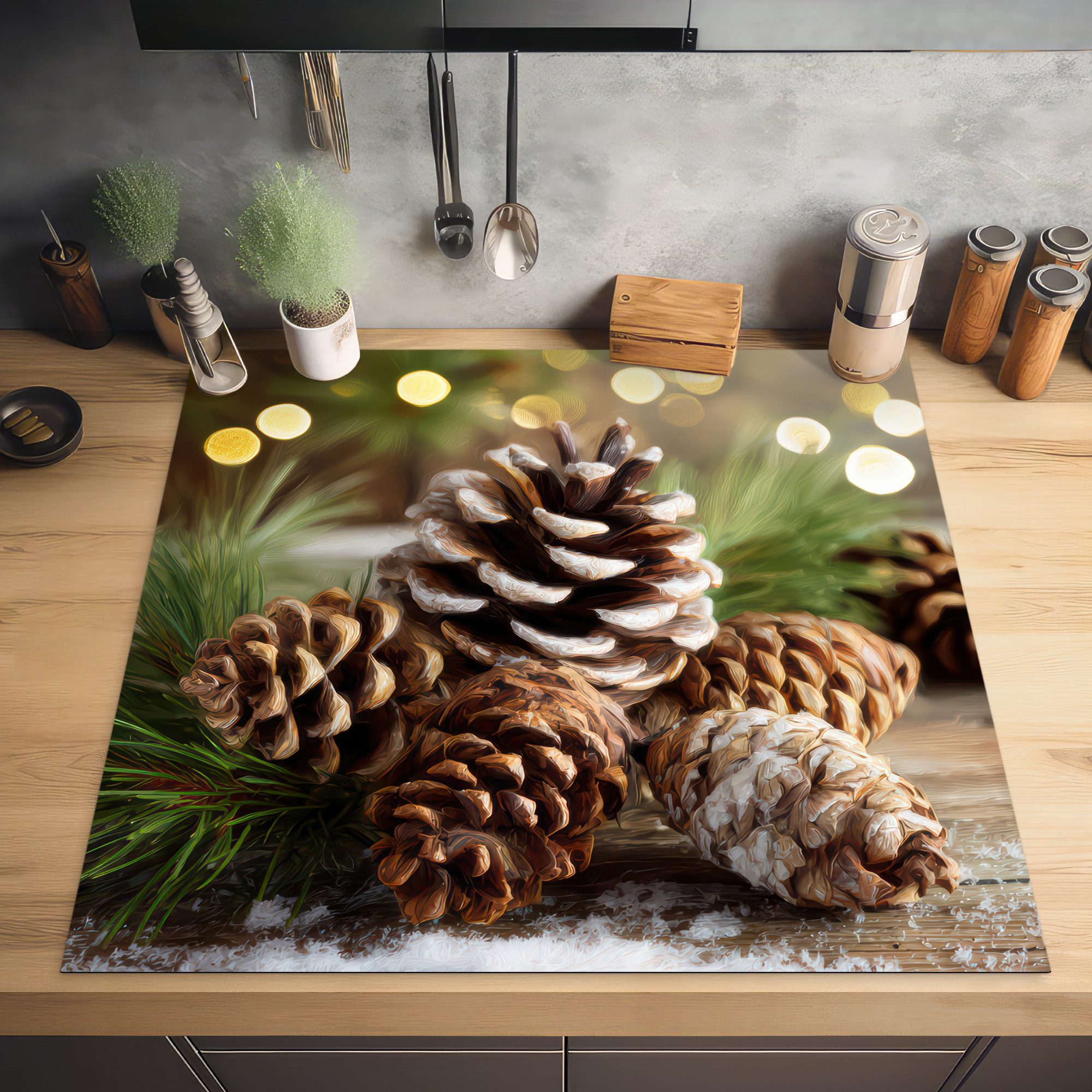 MuchoWow Herd-Abdeckplatte Tannenzapfen - Weihnachtsstimmung - Braun - Grün, Vinyl, (1 tlg), Cerankochfeld Abdeckung, Herd Abdeckplatten Vinyl, 58x59 cm