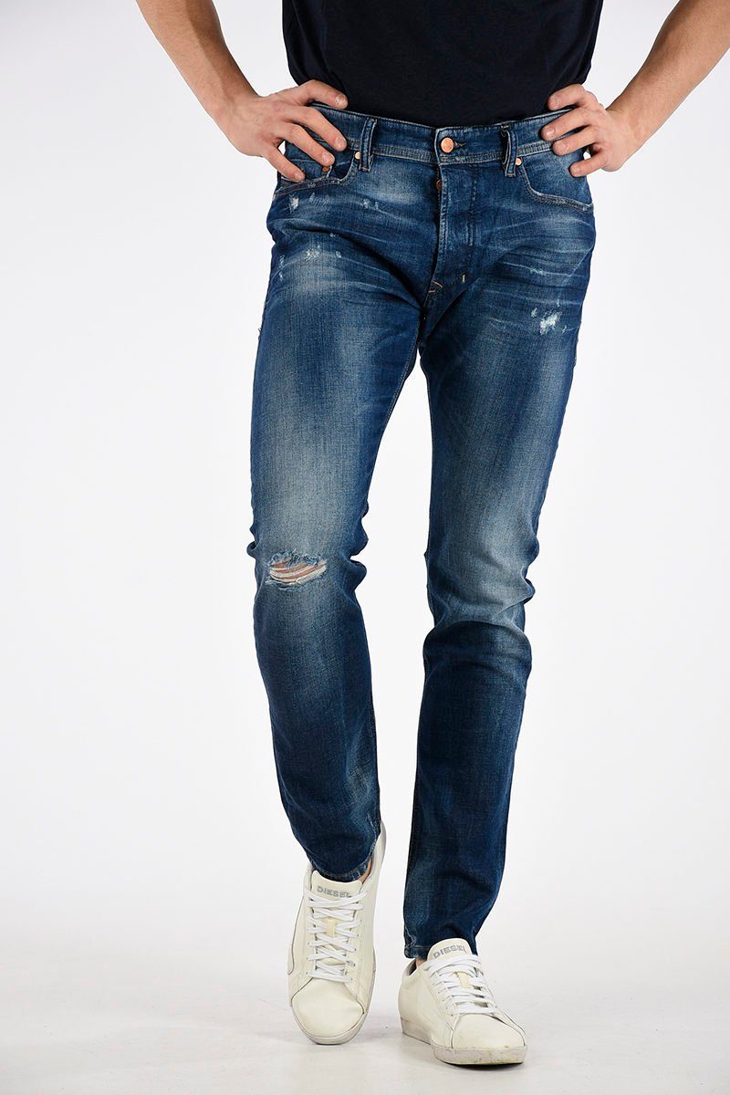 Diesel Slim-fit-Jeans Herren Tepphar Größe: Röhrenjeans, W28 Style, 5 Stretch, Blau, L32 084MX Vintage Pocket Used-Look