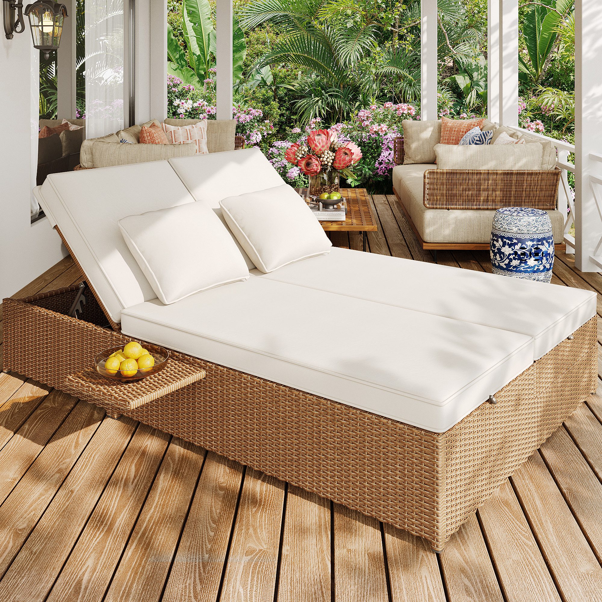 REDOM Sofa Rattansofa,Doppelbett,Verstellbare Rückenlehne, Outdoor Gartenliege Doppelbett aus PE-Rattan, verstellbare Rückenlehne, wetterfest mit Kissen – für Balkon, Terrasse und Garten, 160 kg Belastung, inkl. abnehmbarem Beistelltisch, mit abnehmbaren Kissen