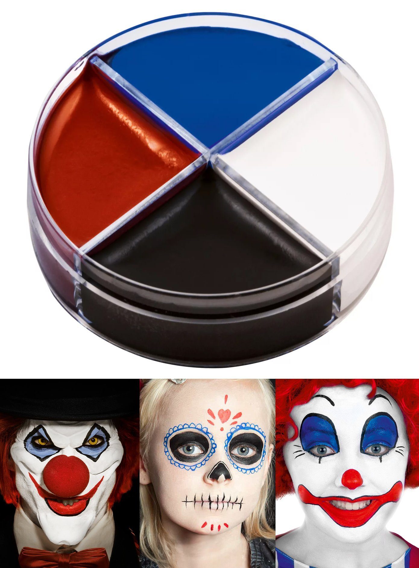 Maskworld Theaterschminke Creme Schminke Clown blau-rot-schwarz-weiß 15ml, Theaterschminke & Halloween Make-up in hochwertiger Qualität