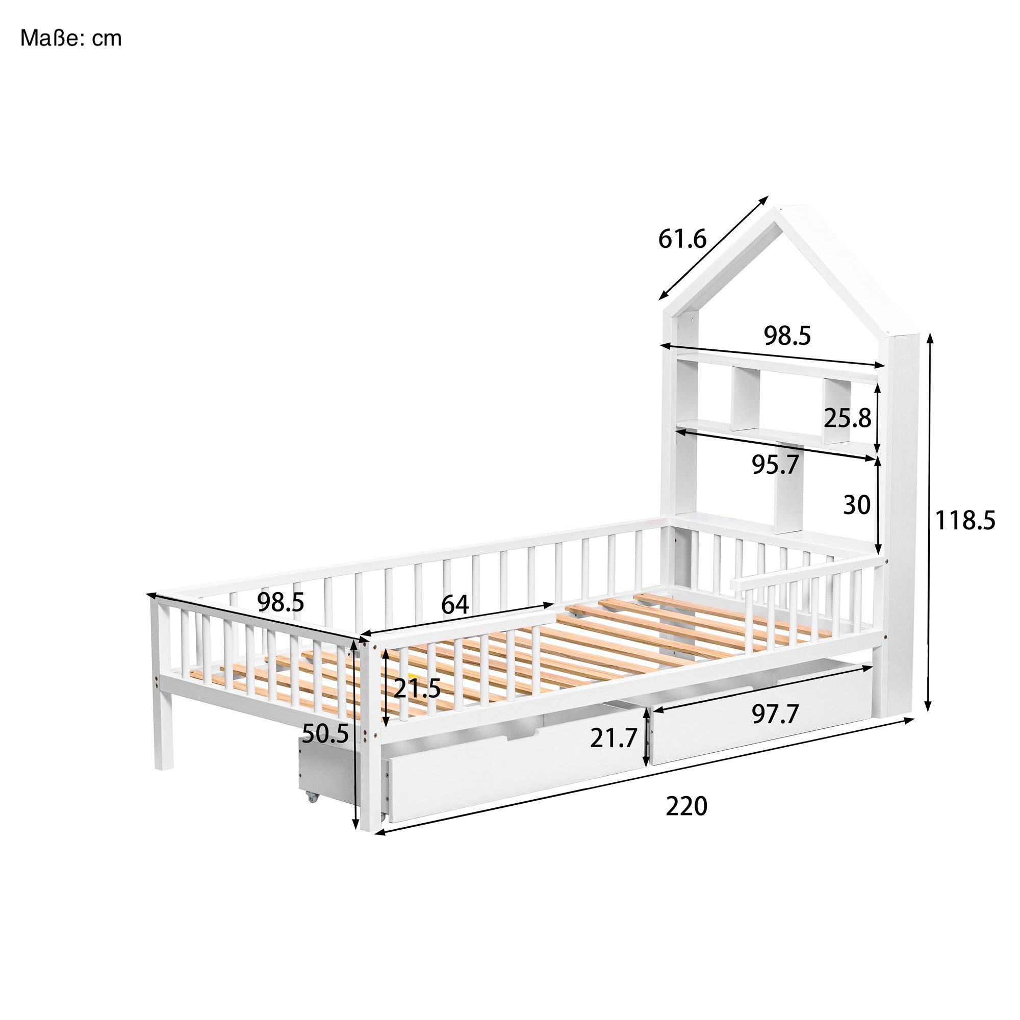 SOFTWEARY Kinderbett mit Jugendbett 2 und (90x200 Kieferholz, Holzbett aus Einzelbett cm), Schubladen Lattenrost