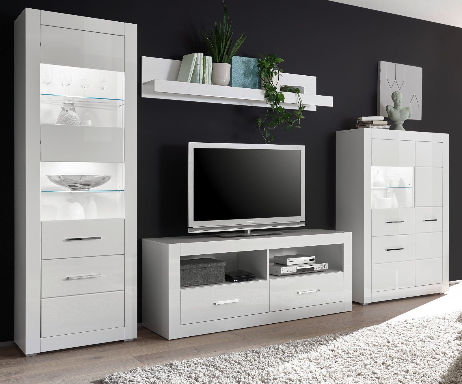 Furn.Design Wohnwand Carrara, (Schrankwand in weiß Hochglanz mit Chromgriffen, 4-teilig, 330 x 198 cm), TV Lowboard auf Rollen