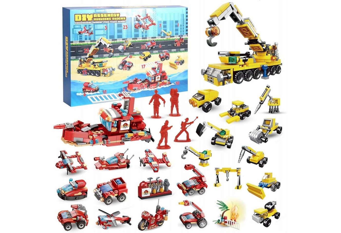 Festivalartikel Adventskalender Adventskalender Kinder Baustelle Feuerwehr Fahrzeuge & Figuren (1-tlg)