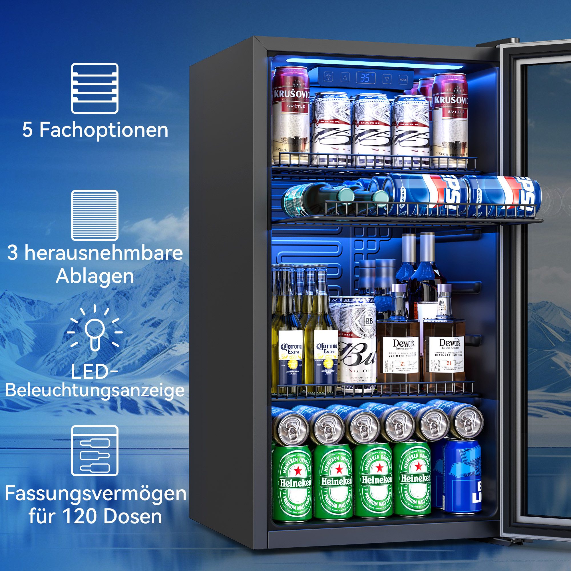 Furnicopia Getränkekühlschrank 89L, Doppelverglasung, LED-Beleuchtung, geräuscharm, silberner Aluminium-Rahmen KVC-90, LED-Touch, verstellbare Füße & Ablagen, silberner Alu-Rahmen
