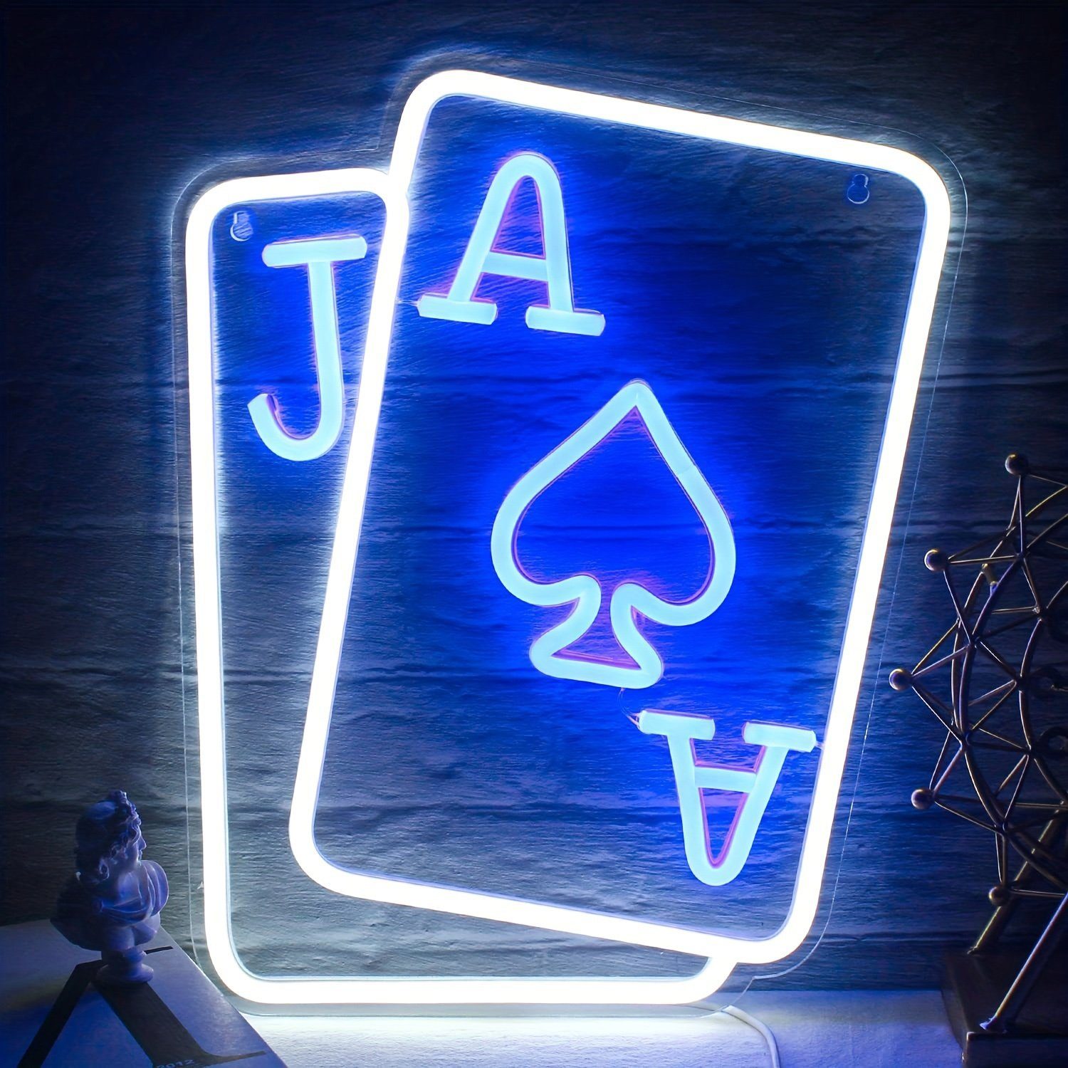 Rosnek LED Dekolicht Spielkarten Neon Schilder, USB, für Schlafzimmer Bar, Blau und Weiß, Spielzimmer Casino Deko