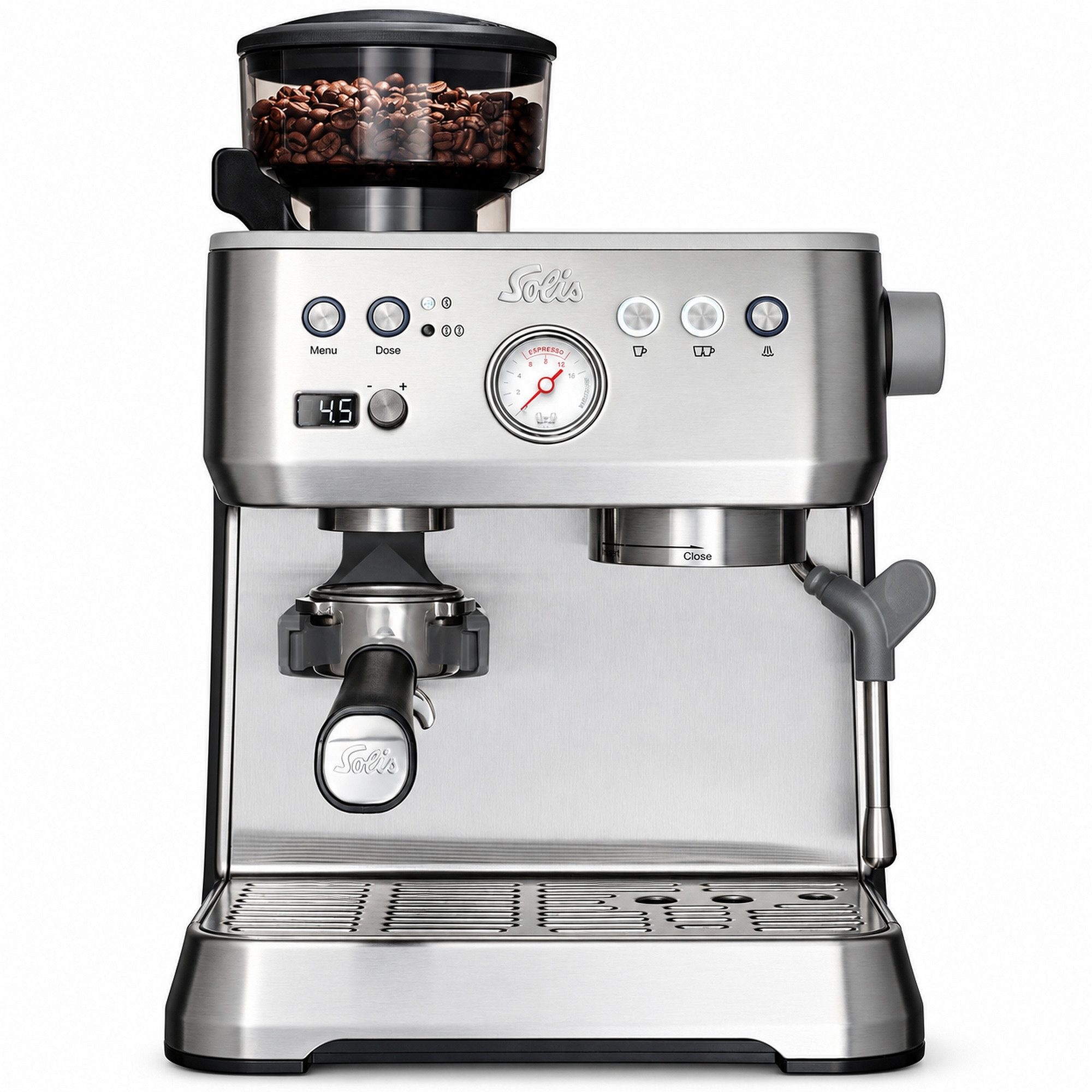 SOLIS OF SWITZERLAND Siebträgermaschine Crema Bar Silber, Typ 1009, Siebträger 54 mm, PID-Thermoblock, Manometer, 250-g-Bohnenbehälter