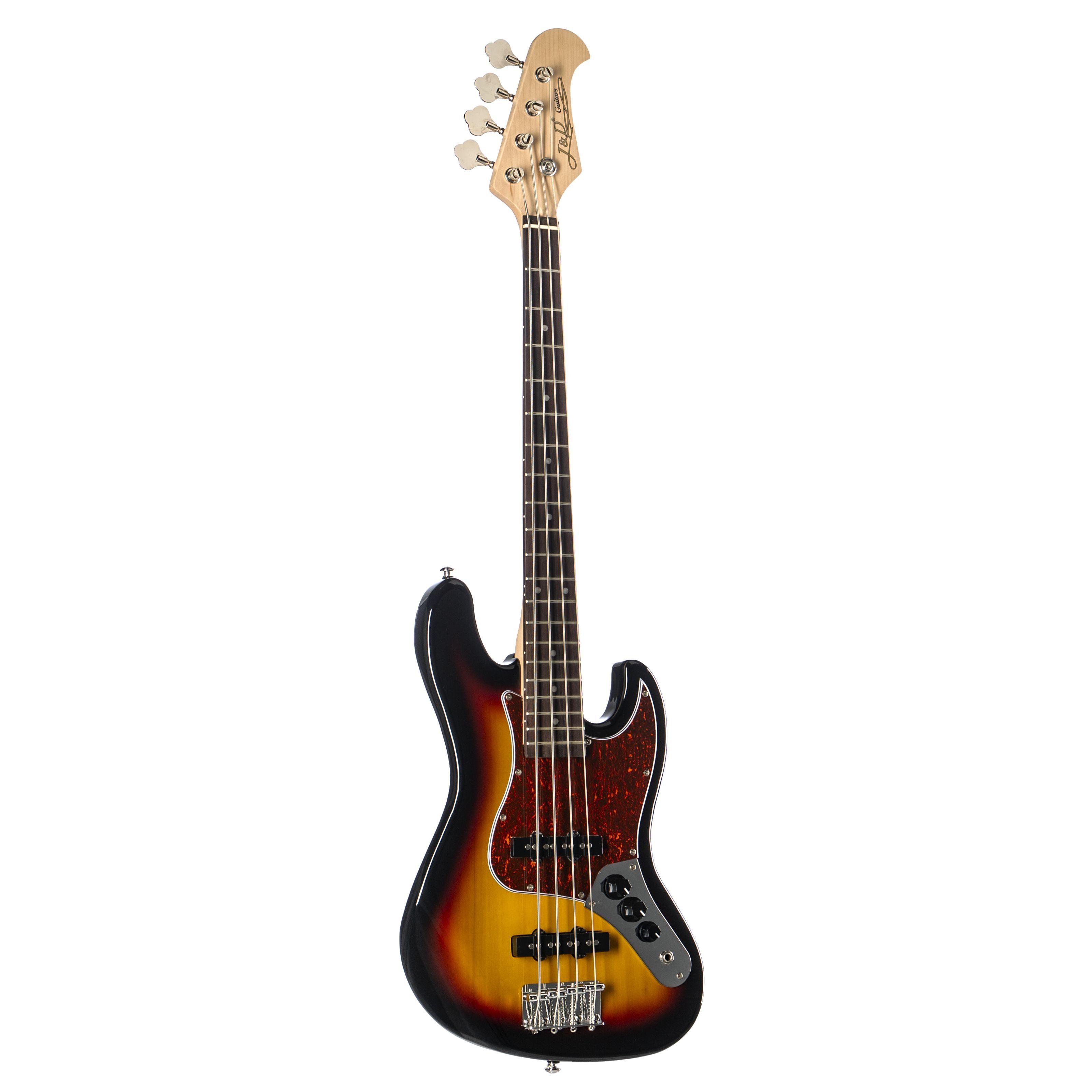 J & D E-Bass, JB Mini Sunburst 4-Saiter E-Bass mit kurzer 29" Mensur und zwei Single-Coil Pickups, E-Bässe, 4-Saiter E-Bässe, JB Mini Sunburst, 4-Saiter E-Bass, kurze 29" Mensur, Single-Coil
