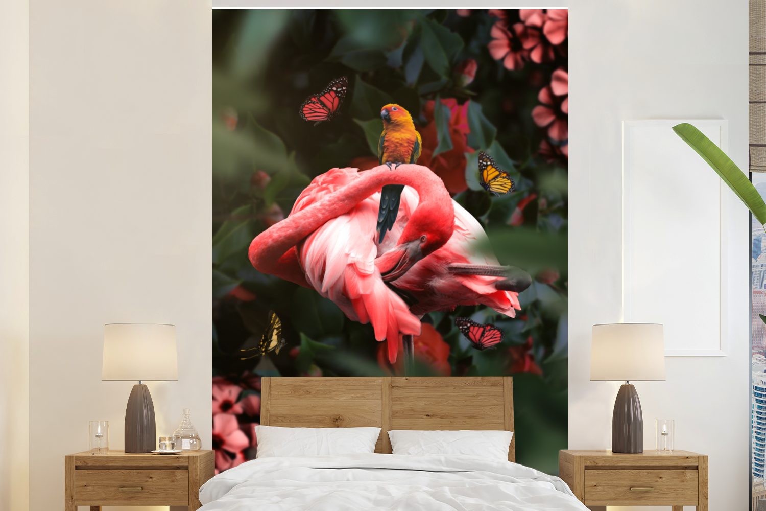 MuchoWow Fototapete Dschungel - Flamingo - Vogel - Pflanzen, Matt, bedruckt, (3 St), Montagefertig Vinyl Tapete für Wohnzimmer, Wandtapete