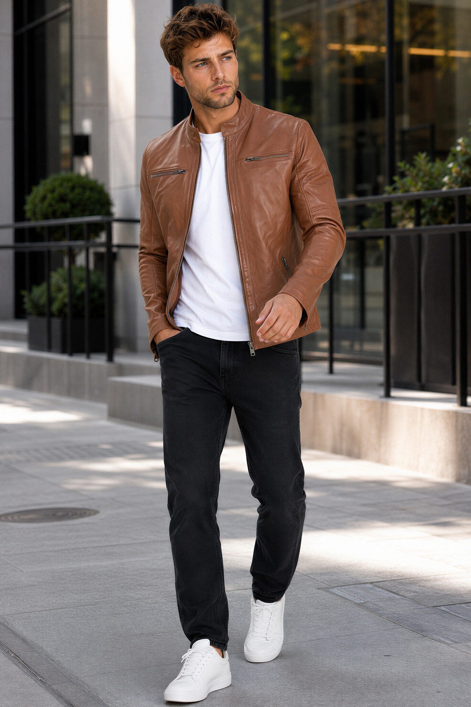 Reichstadt Lederjacke Herren Slim Fit Bikerjacke Silver Zipper 20RS20LUX Reißverschluss an den Ärmelenden – Bild 3 von 5