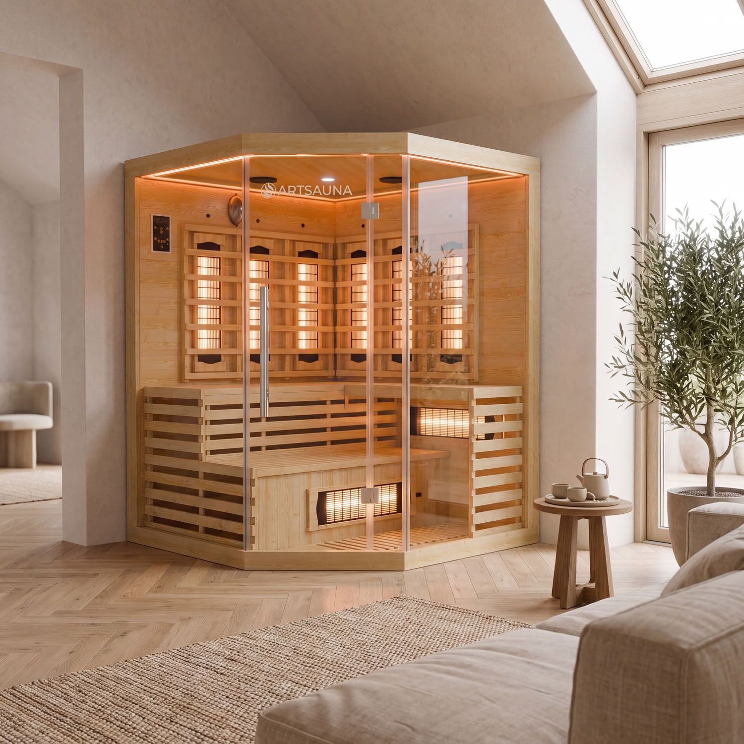 Artsauna Infrarotkabine Kiruna150 Dual Technologie, für 3 Personen, Hemlock-Holz, HiFi-System, Ionisator, LED-Farblicht