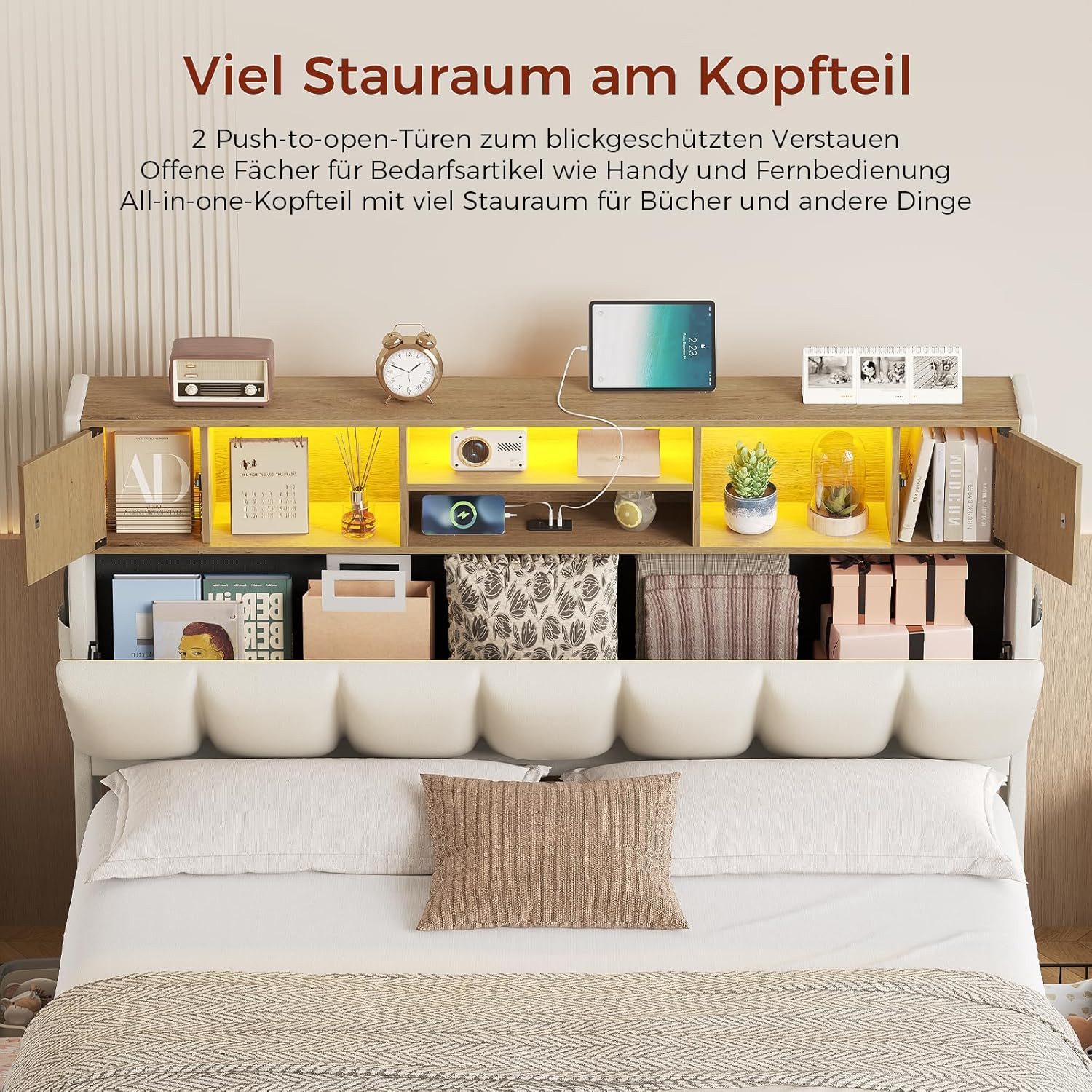 KIMENICH Polsterbett Bettgestell mit LED-Beleuchtung, 4 Schubladen, Ladestation, 140x200 cm, Weiß – Bild 5 von 5