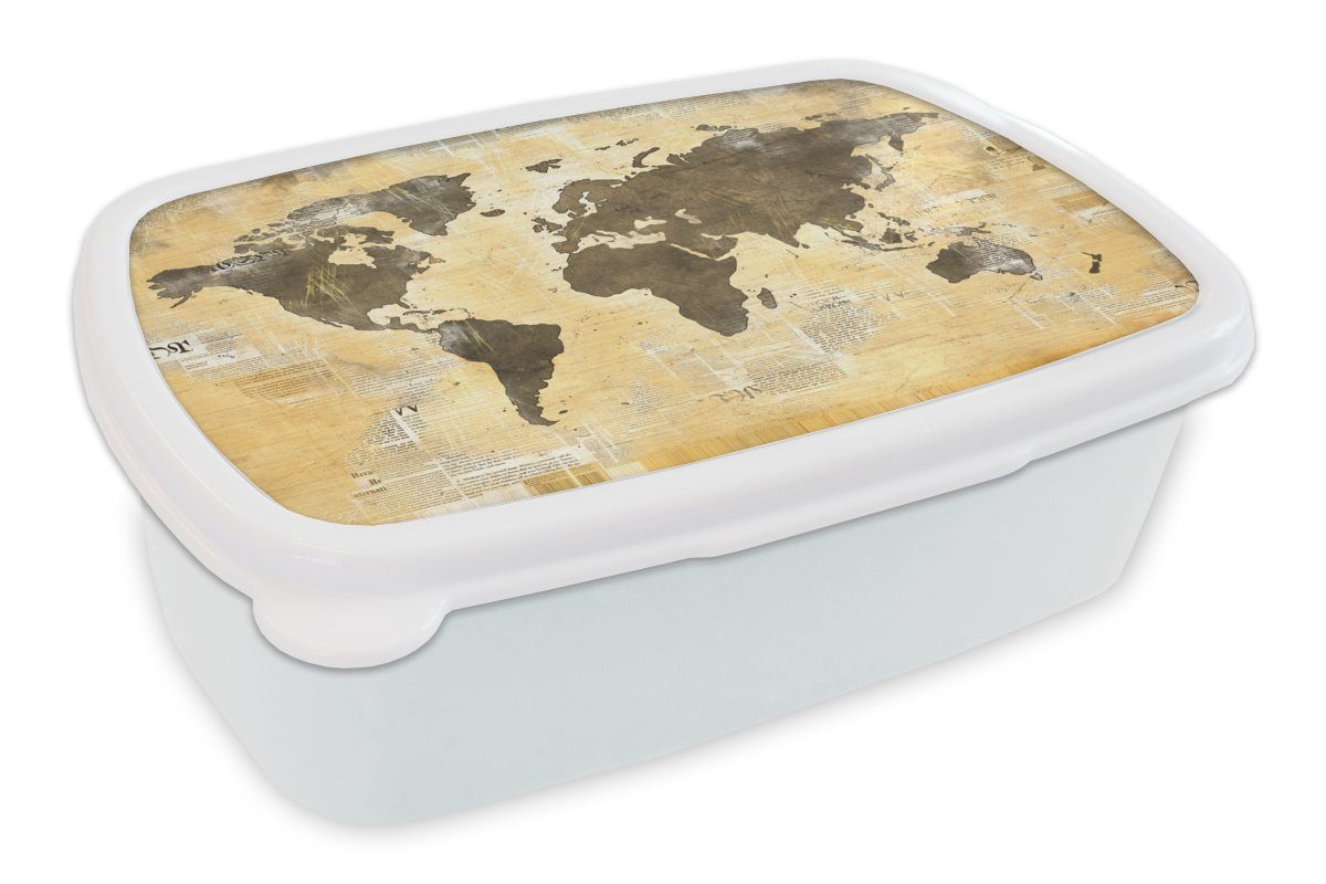 MuchoWow Lunchbox Weltkarte - Zeitung - Gold, Kunststoff, (2-tlg), Brotbox für Kinder und Erwachsene, Brotdose, für Jungs und Mädchen weiß