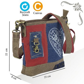 Domelo Umhängetasche Trachtentasche mit Herz Aufdruck, Oktoberfest Tasche mit abnehmbarem Henkel, rote Dirndltasche aus recycelten Jeans, aus recycelten Materialien