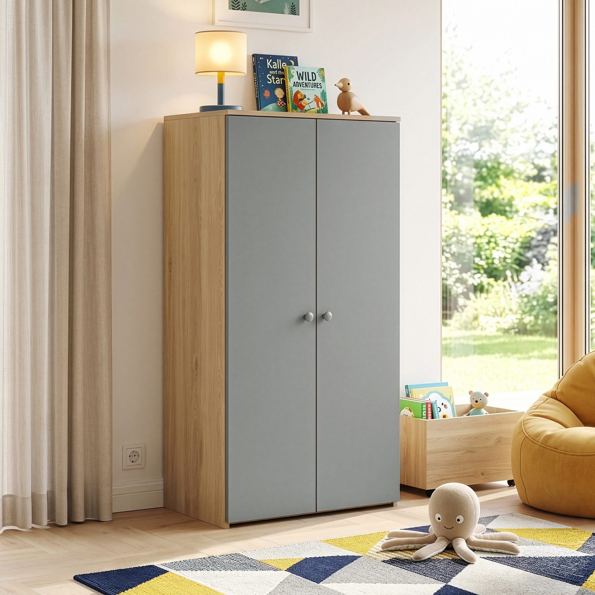 en.casa Kinderkleiderschrank »Beldinupp« mit 2 Türen 123 x 60 x 40 cm Staufach Eicheoptik/Grau