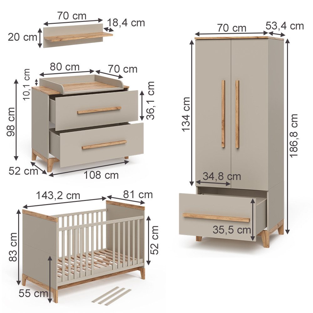 VitaliSpa® Babymöbel-Set Malia, Cashmere-Eiche, 5 Teile, (5-tlg)