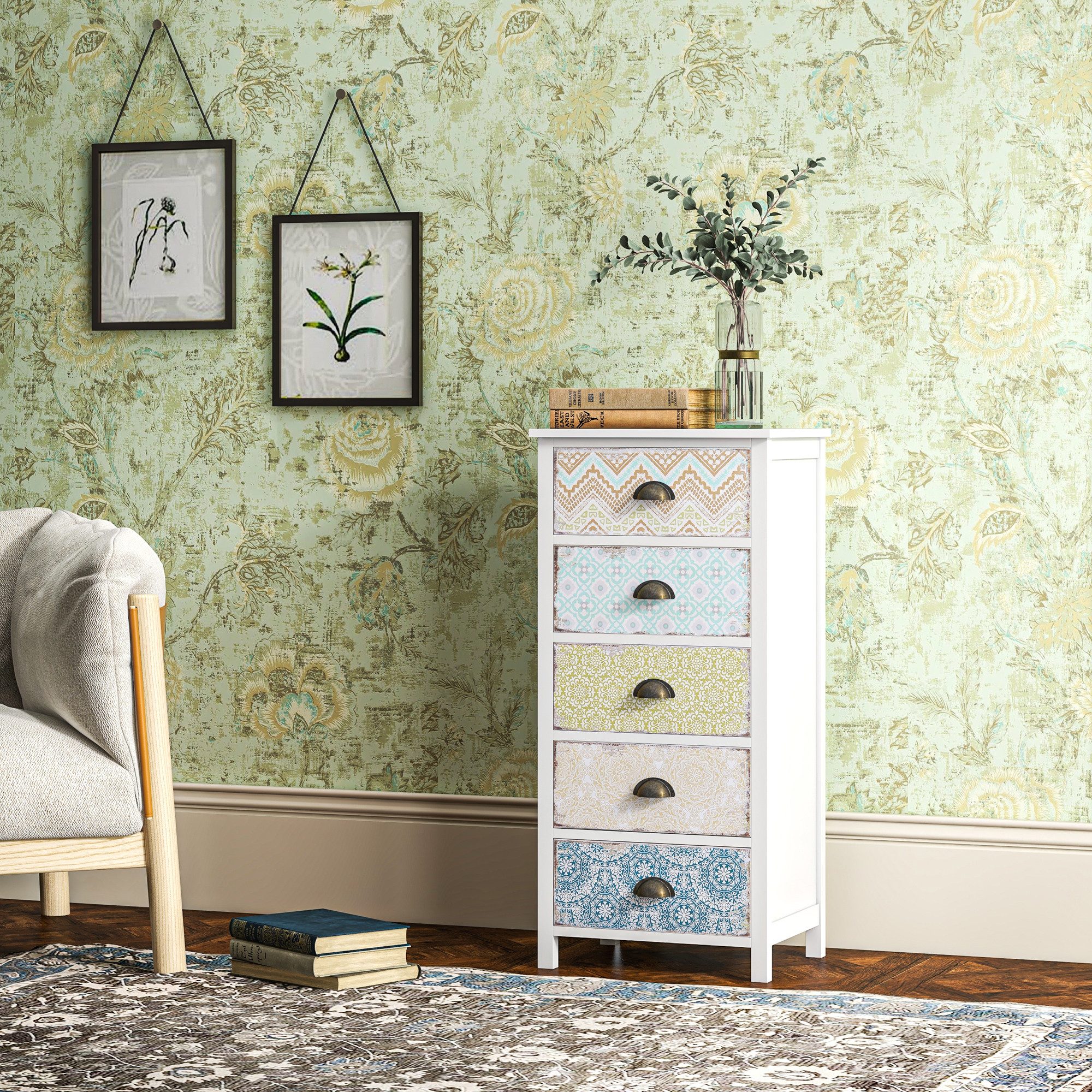 HOMCOM Kommode Sideboard mit 5 Schubladen Schrank mit Holzgestell im Modern Stil (Aufbewahrungsschrank, 1 St., Kommodenschrank), mit Kisppschutz für Wohnzimmer, Schlafzimmer, Bunt