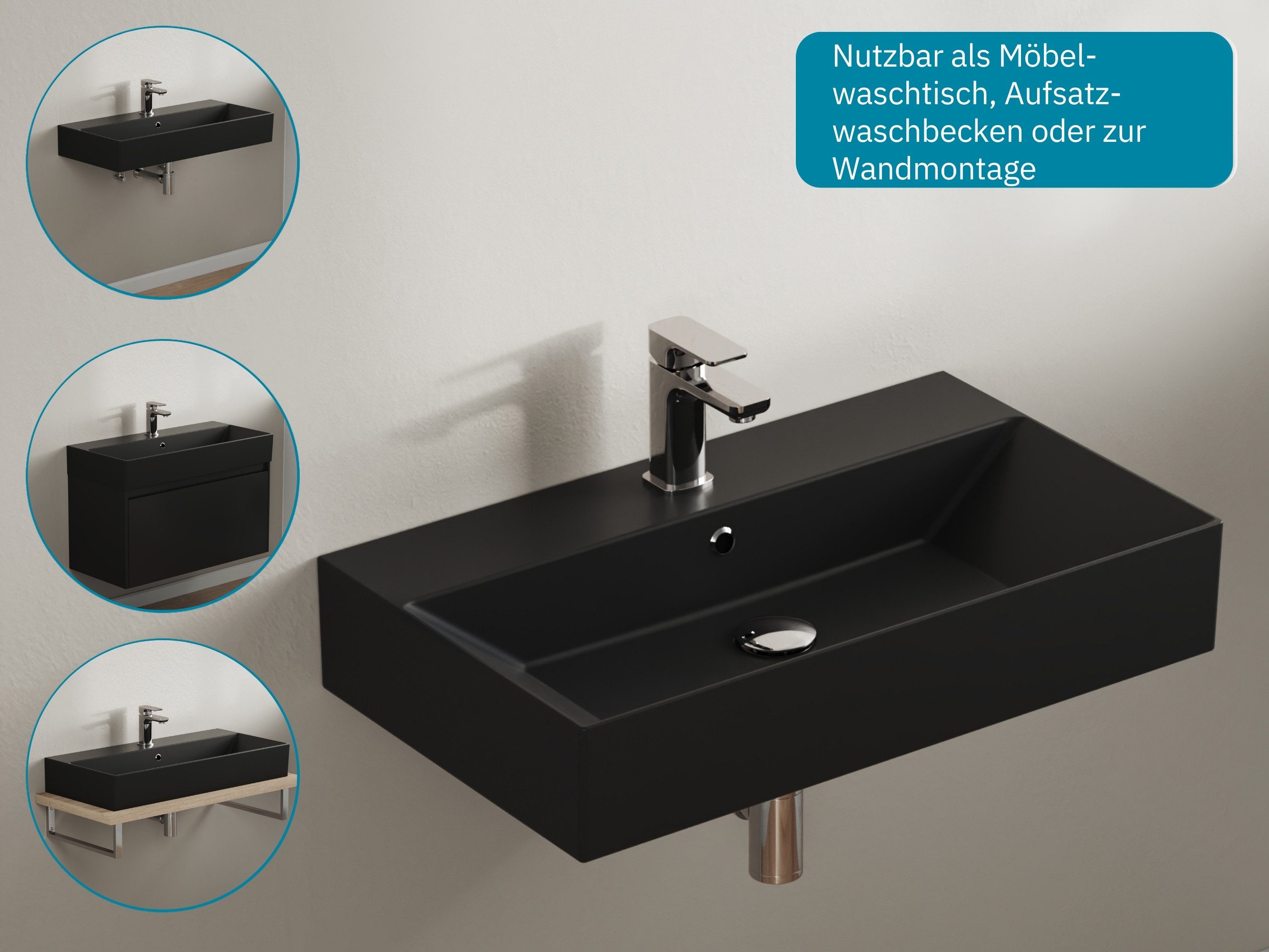Aqua Bagno Waschbecken Aufsatzwaschbecken 70cm schwarz matt wandhängend Waschtisch (Packung)